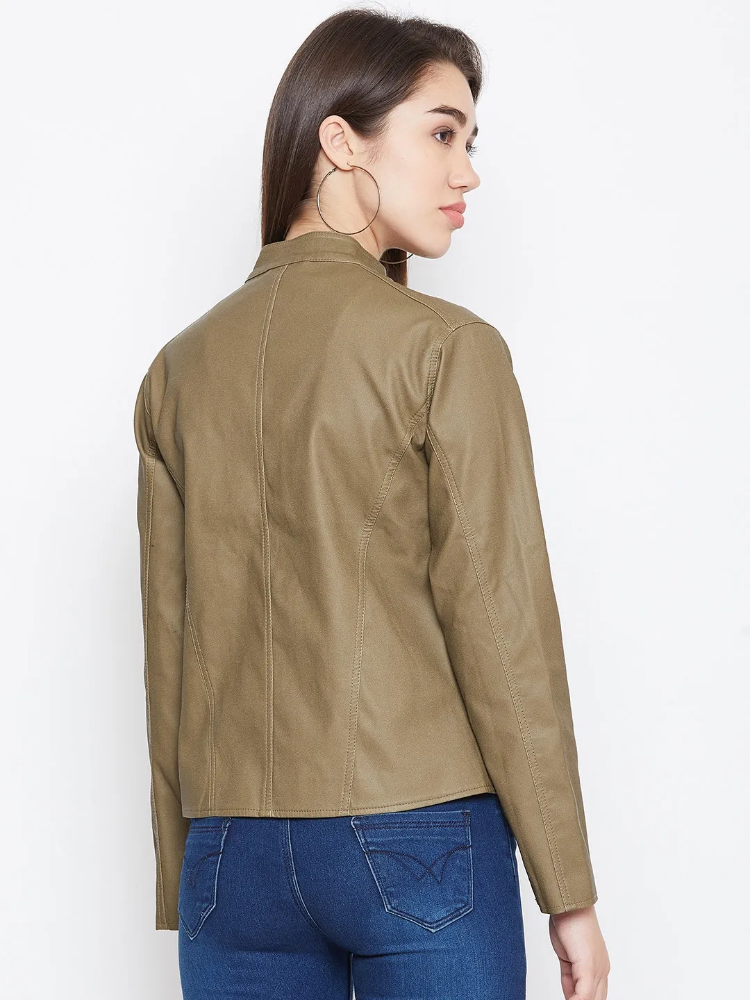 JUMP USA Women Khaki Solid Biker Jacket