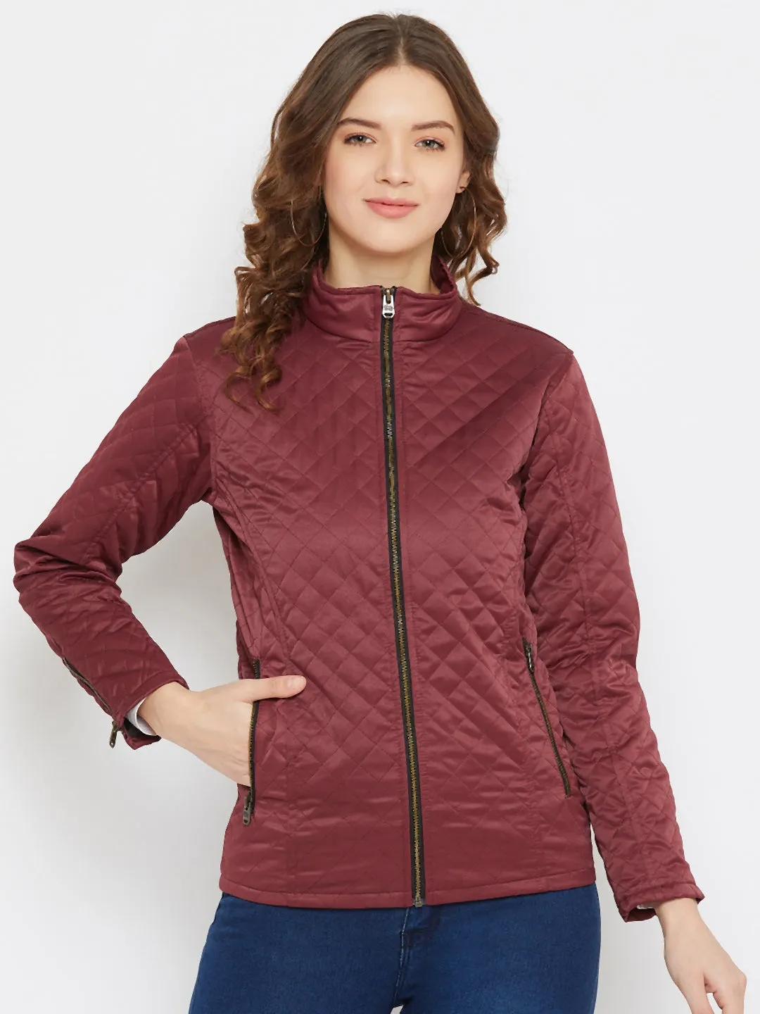 JUMP USA Women Maroon Self Design Casual Jacket