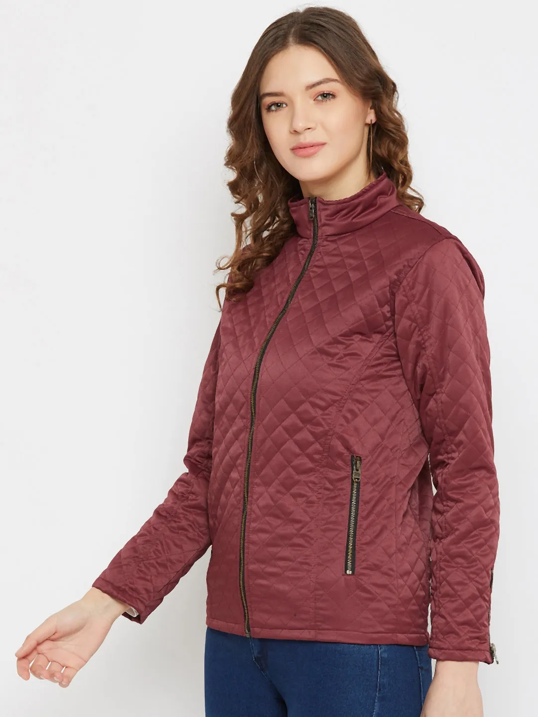 JUMP USA Women Maroon Self Design Casual Jacket