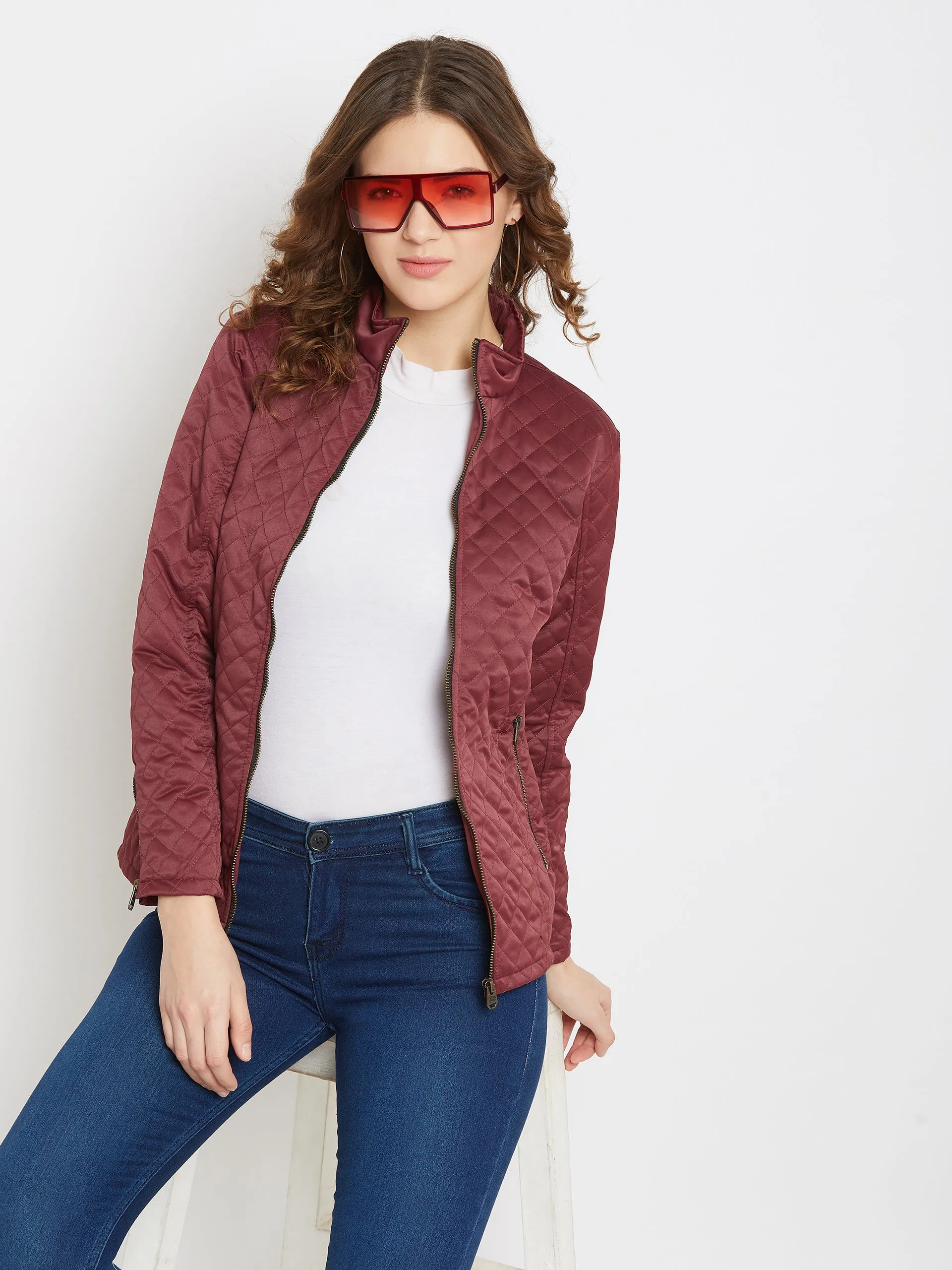 JUMP USA Women Maroon Self Design Casual Jacket