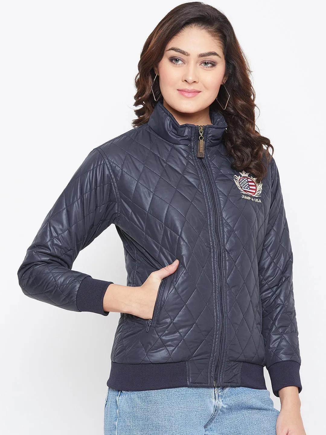 JUMP USA Women Navy Blue Self Design Jacket