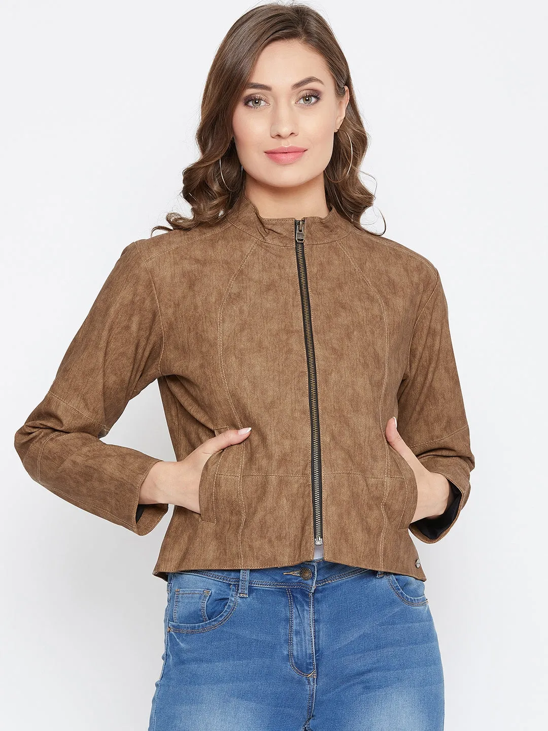 JUMP USA Women Tan Solid Casual Leather Jacket