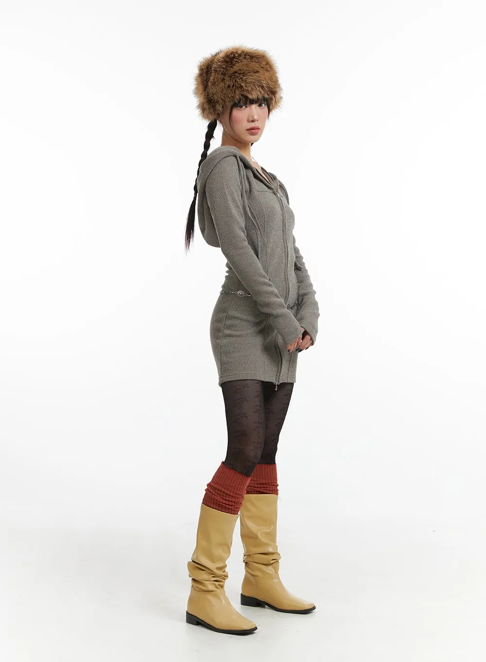 Knit Drawstring Hoodie Mini Dress IJ411