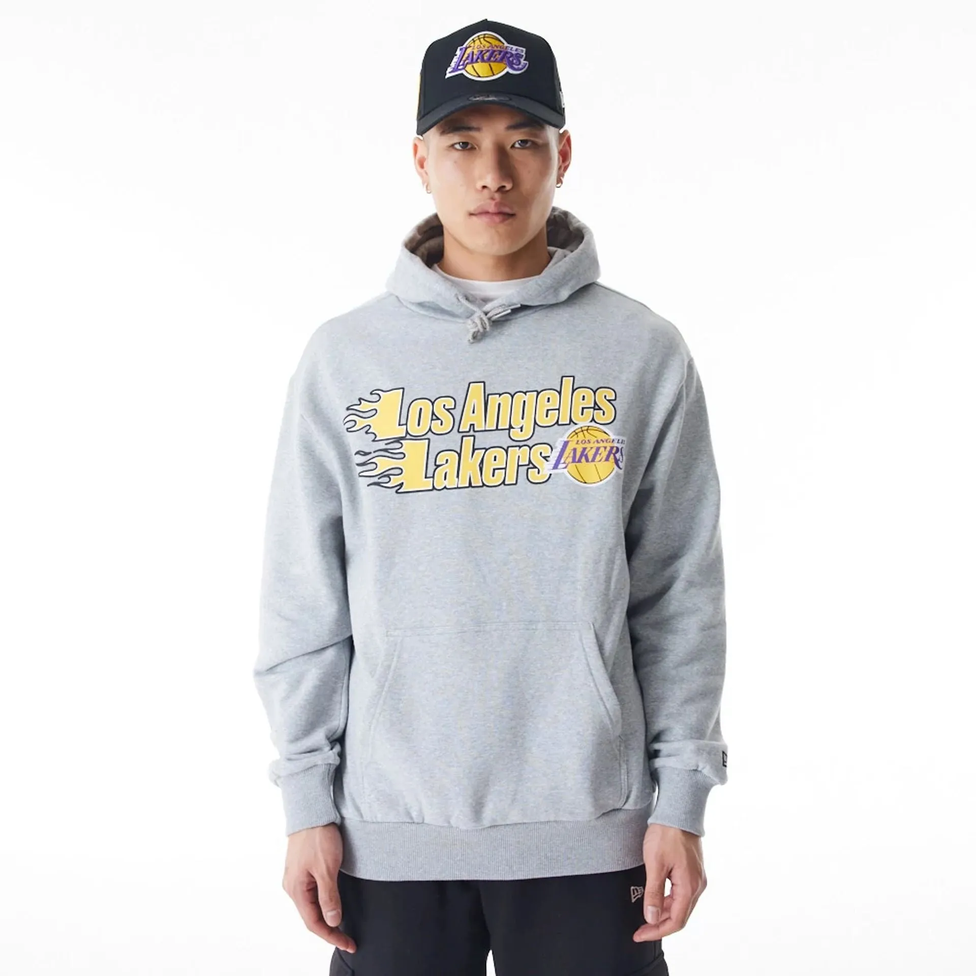 LA Lakers NBA Flame Print Grey Oversized Pullover Hoodie