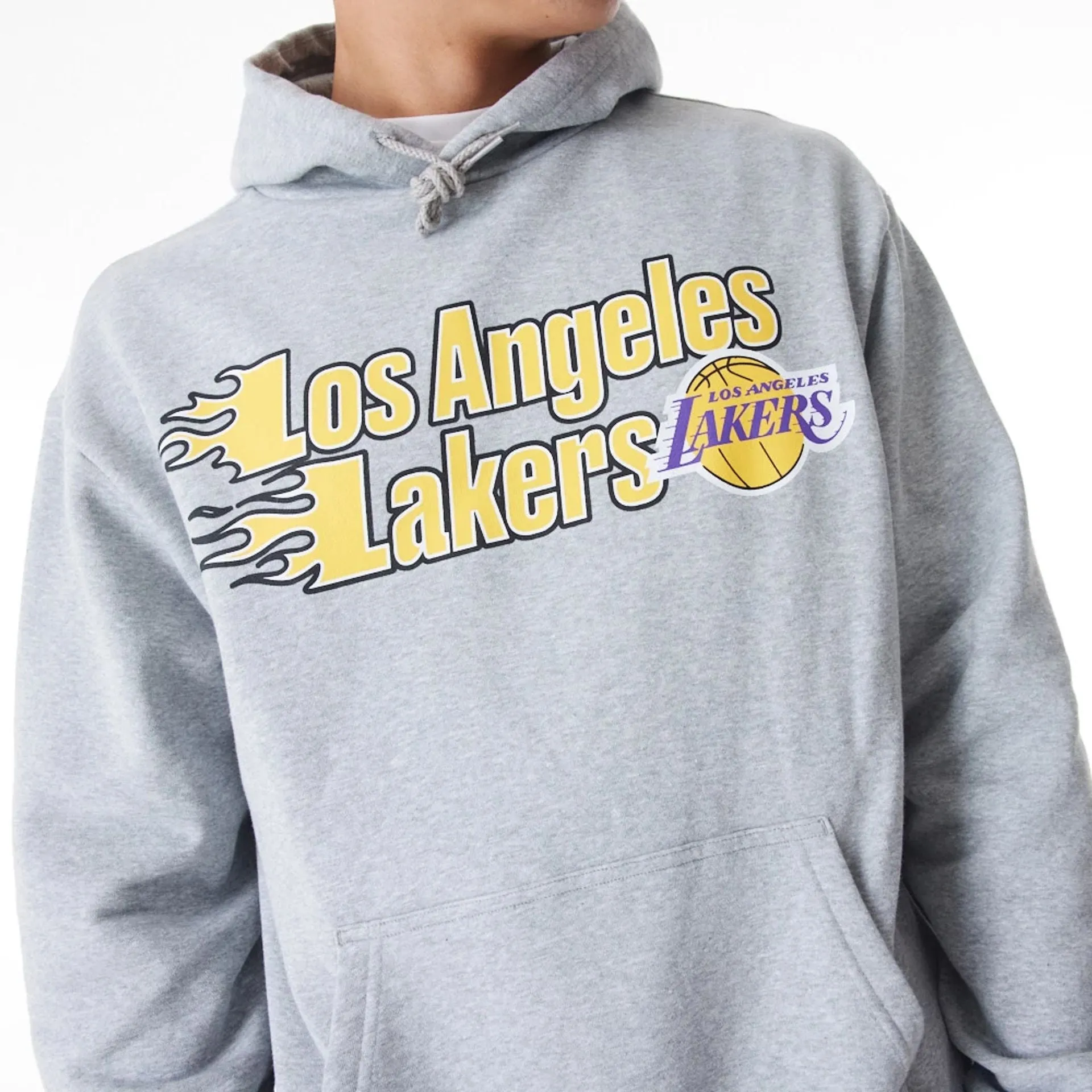 LA Lakers NBA Flame Print Grey Oversized Pullover Hoodie