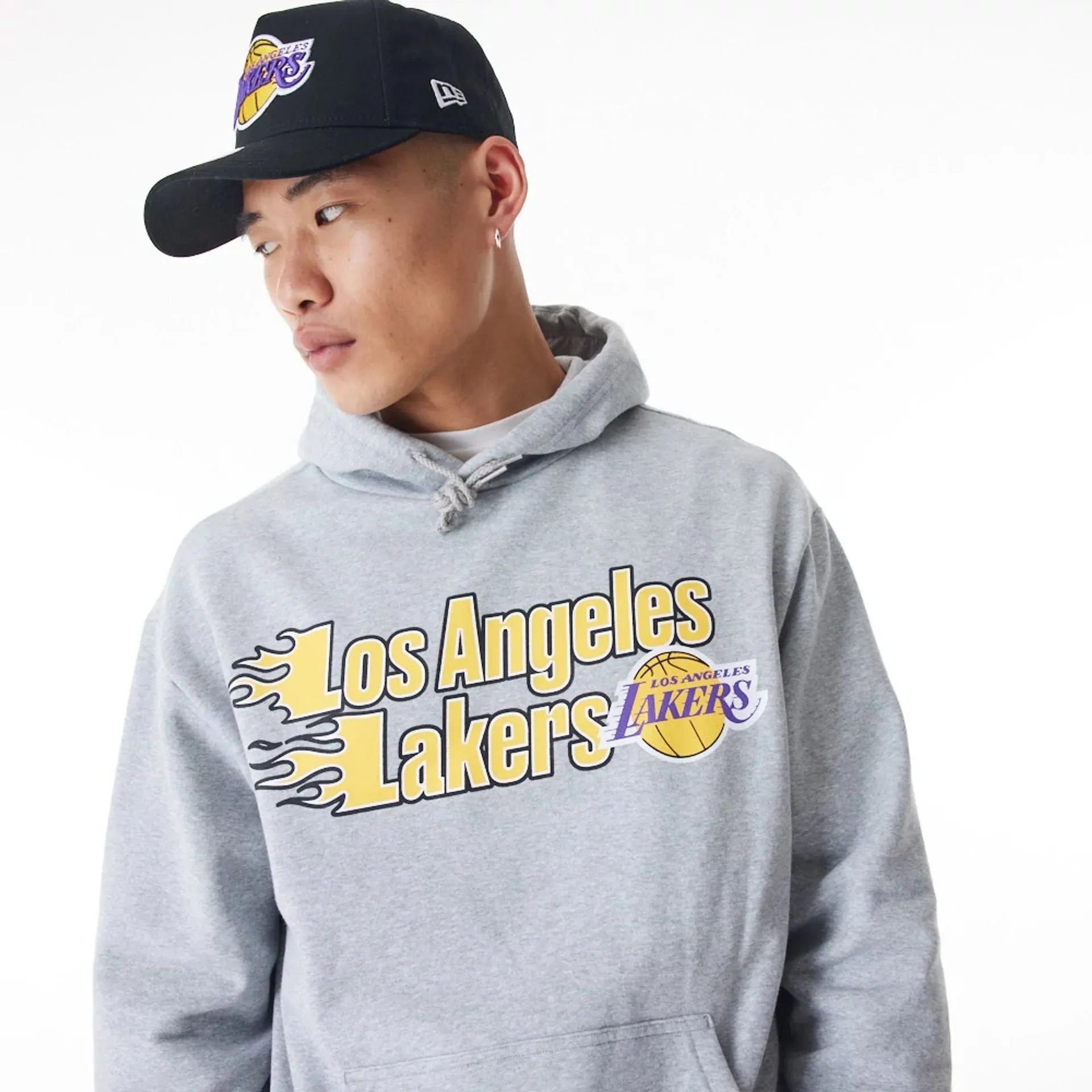 LA Lakers NBA Flame Print Grey Oversized Pullover Hoodie