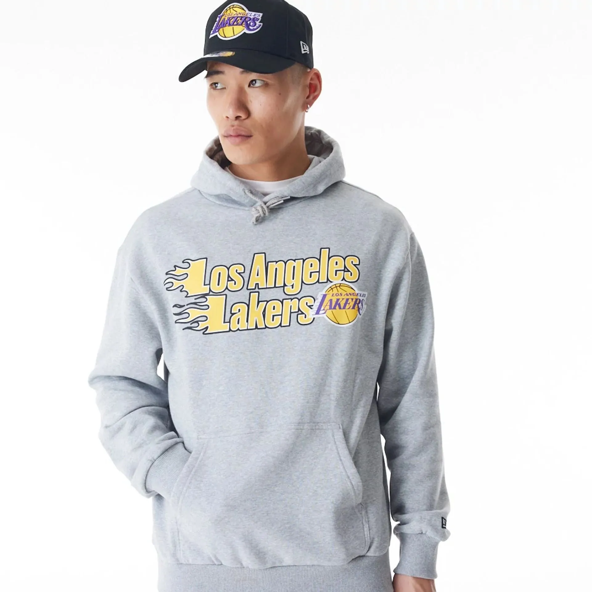 LA Lakers NBA Flame Print Grey Oversized Pullover Hoodie