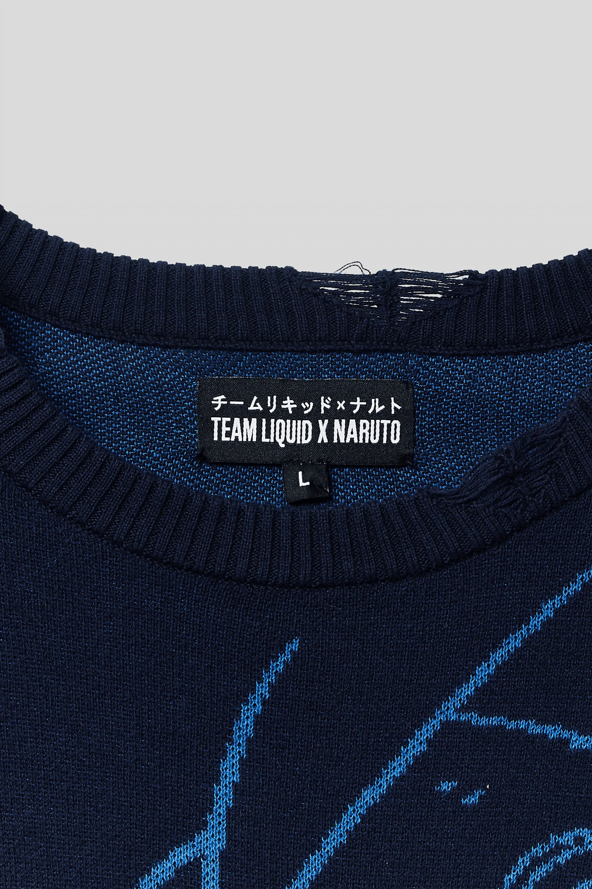 LIQUID x NARUTO 20Y SASUKE DISTRESSED KNIT SWEATER