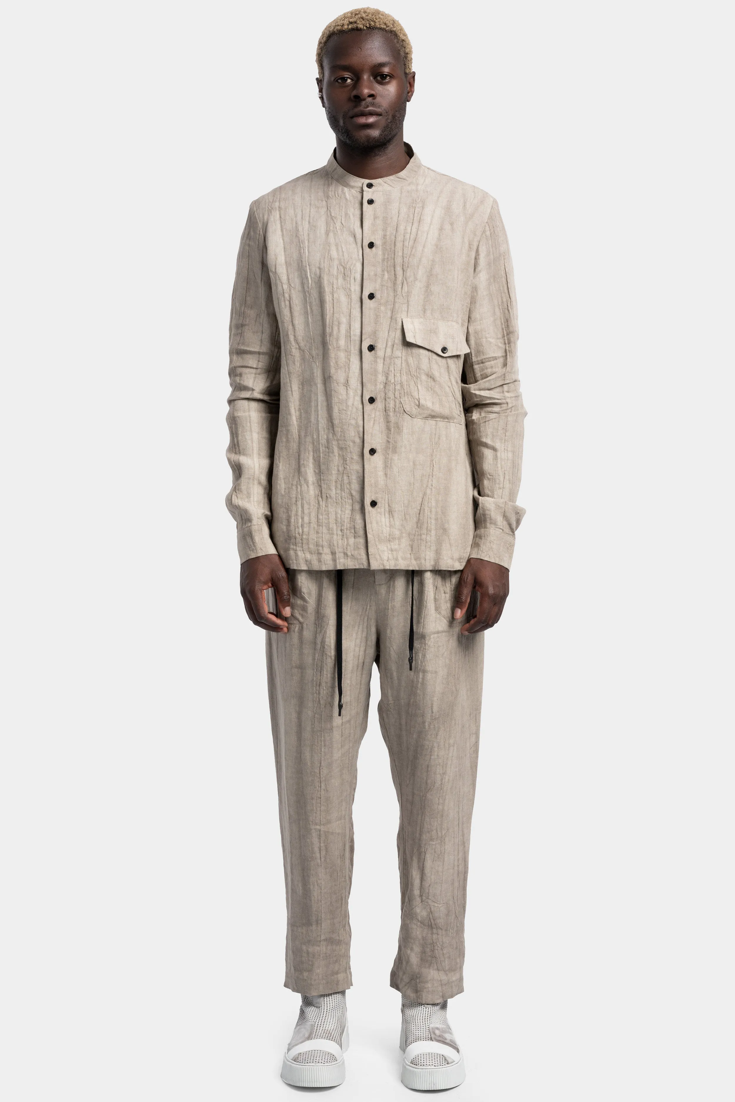 Mandarin collar linen shirt, Oatmeal