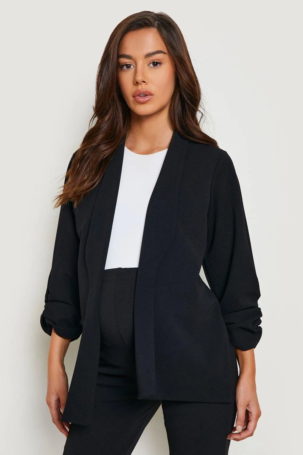 Maternity Ruched Sleeve Lapel Blazer