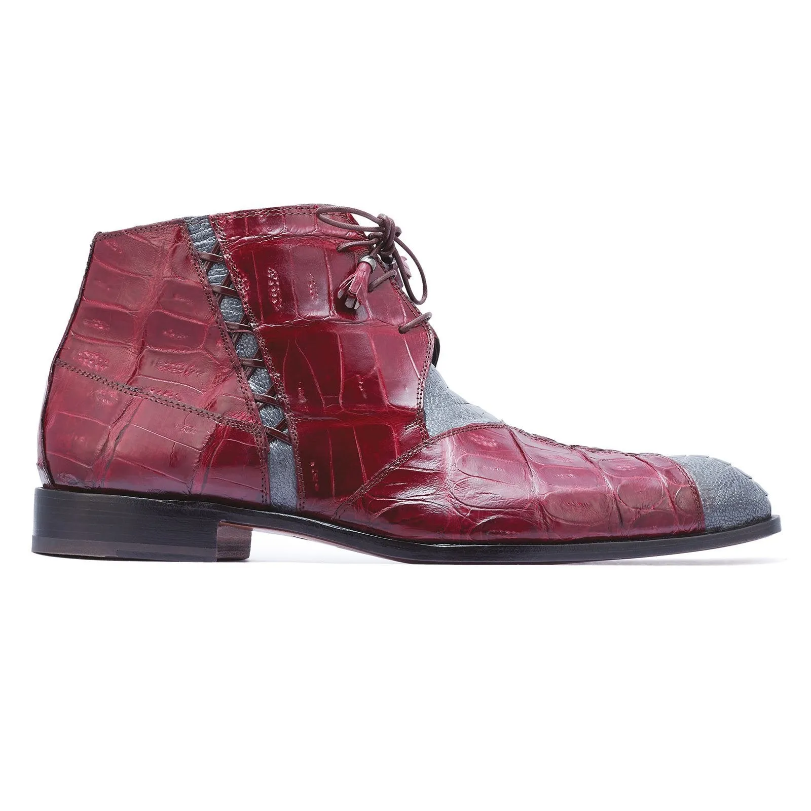 Mauri Harlem 4926 Men's Shoes Gray & Red Exotic Crocodile / Ostrich Leg Chukka Boots (MAS5264)