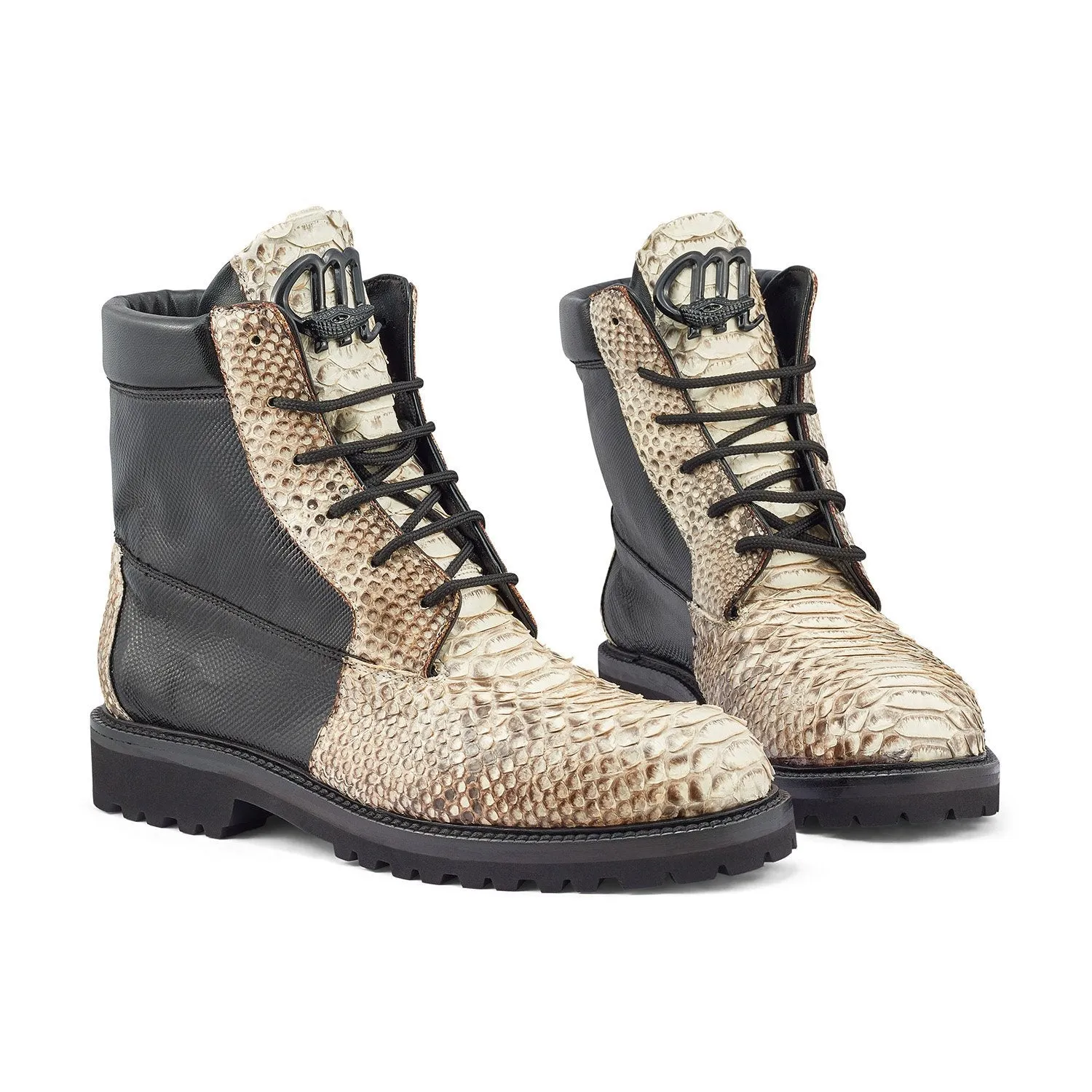 Mauri Hawk 4949/1 Men's Shoes Black & Natural Exotic Python / Karung Ankle Boots (MA5374)