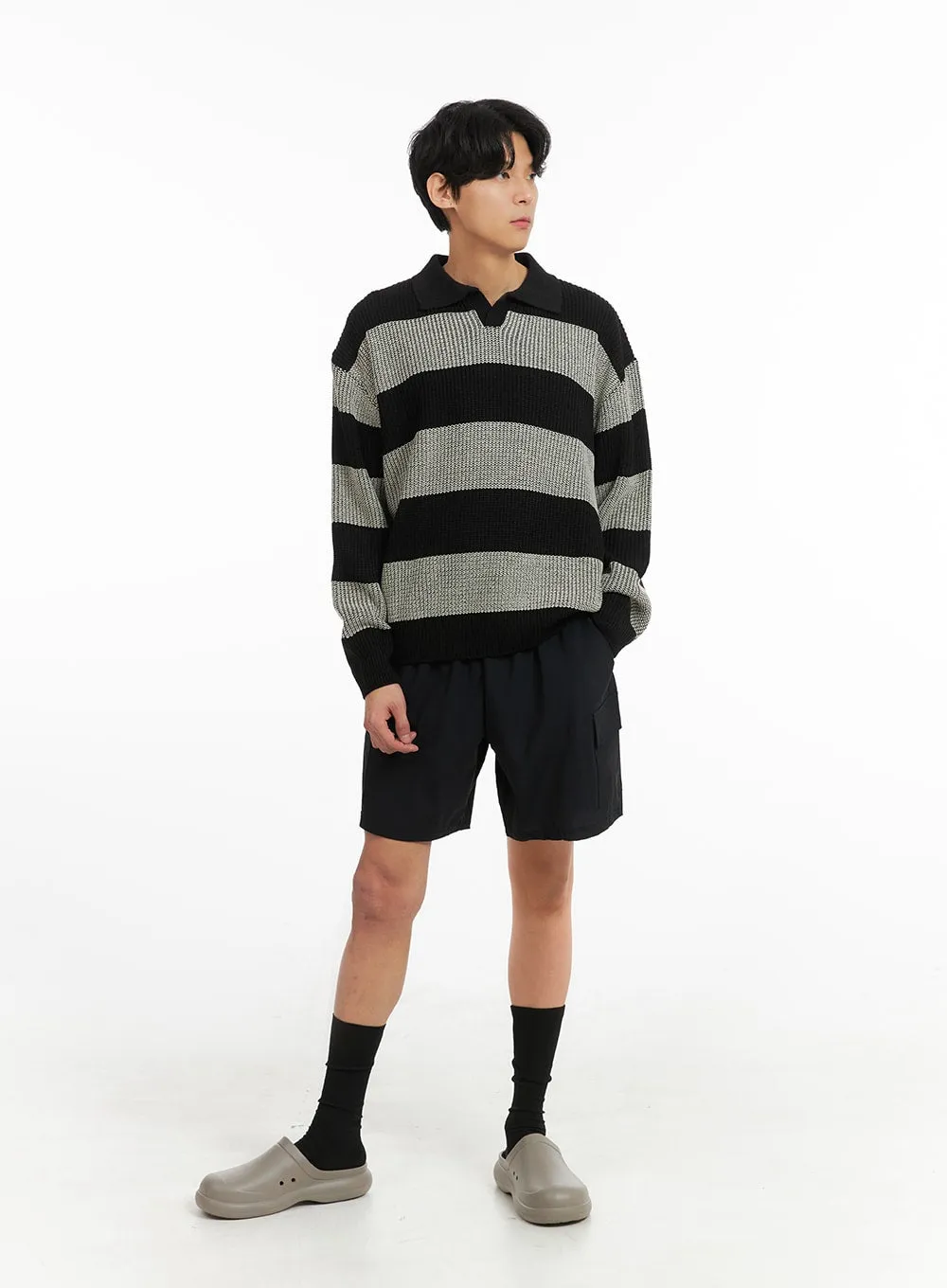 Men's Open Collar Striped Sweater IA401