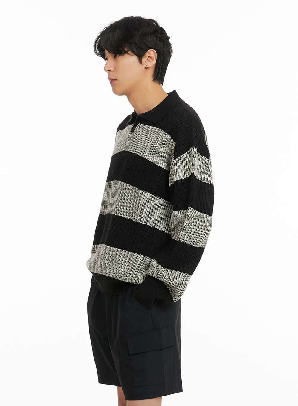 Men's Open Collar Striped Sweater IA401