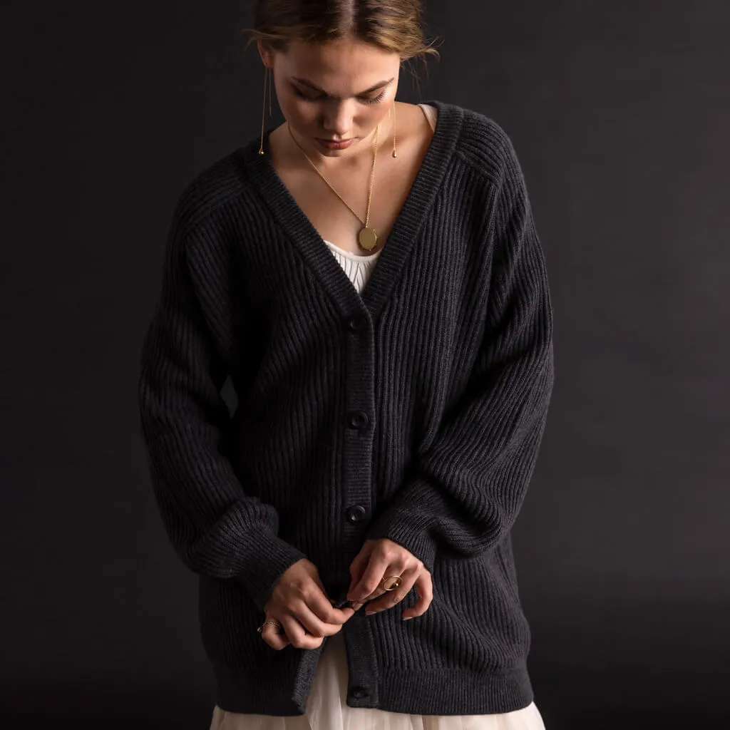 Merino Rib Cardigan - Charcoal Grey