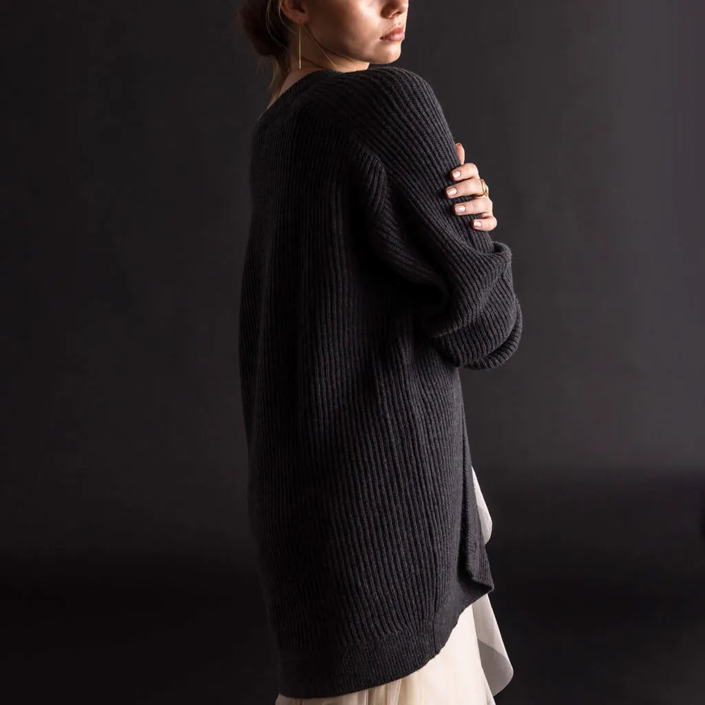 Merino Rib Cardigan - Charcoal Grey