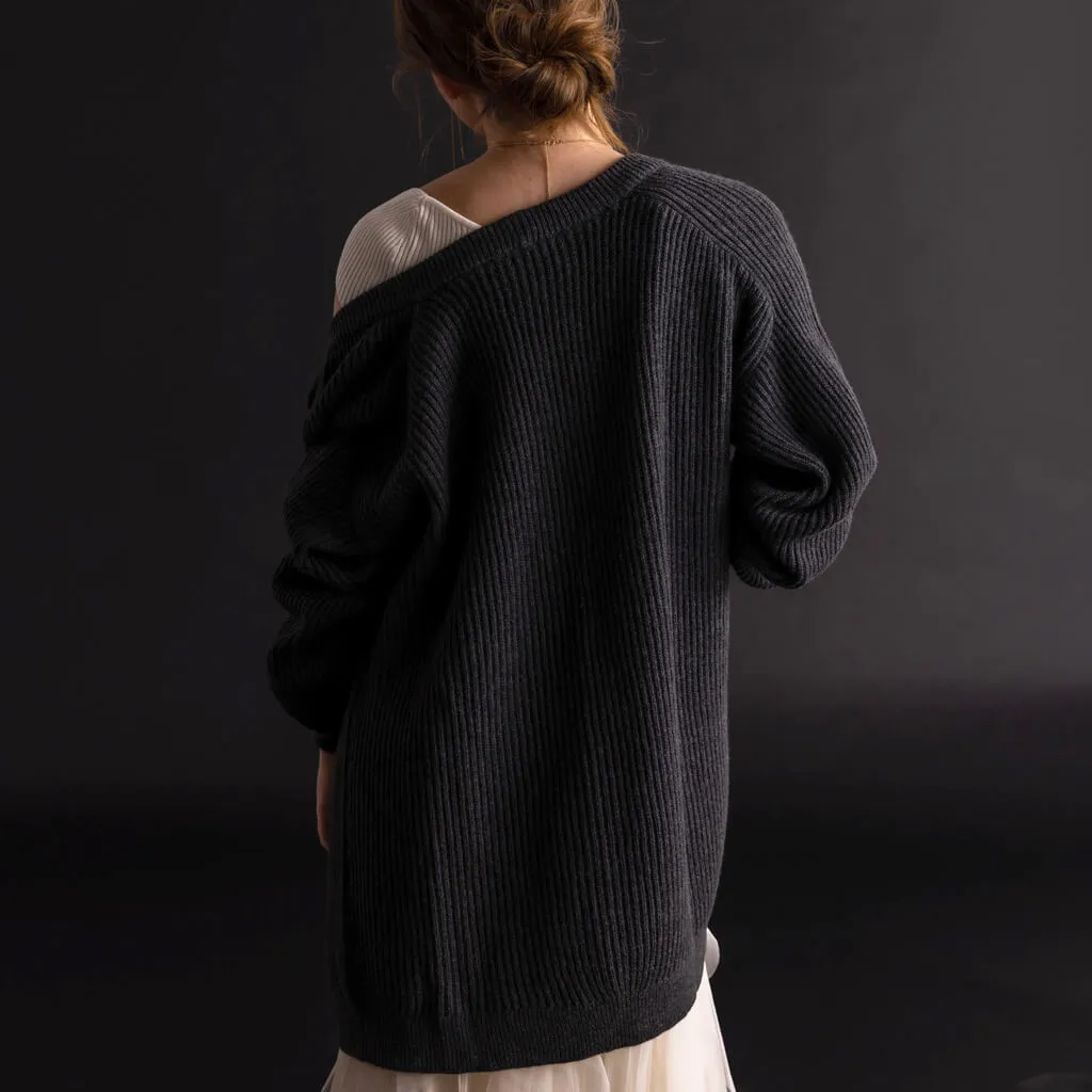 Merino Rib Cardigan - Charcoal Grey