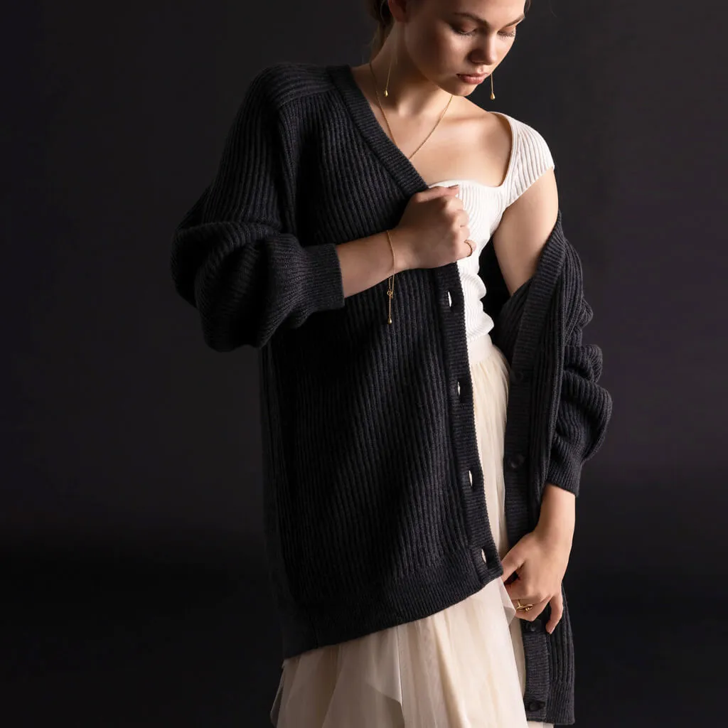 Merino Rib Cardigan - Charcoal Grey