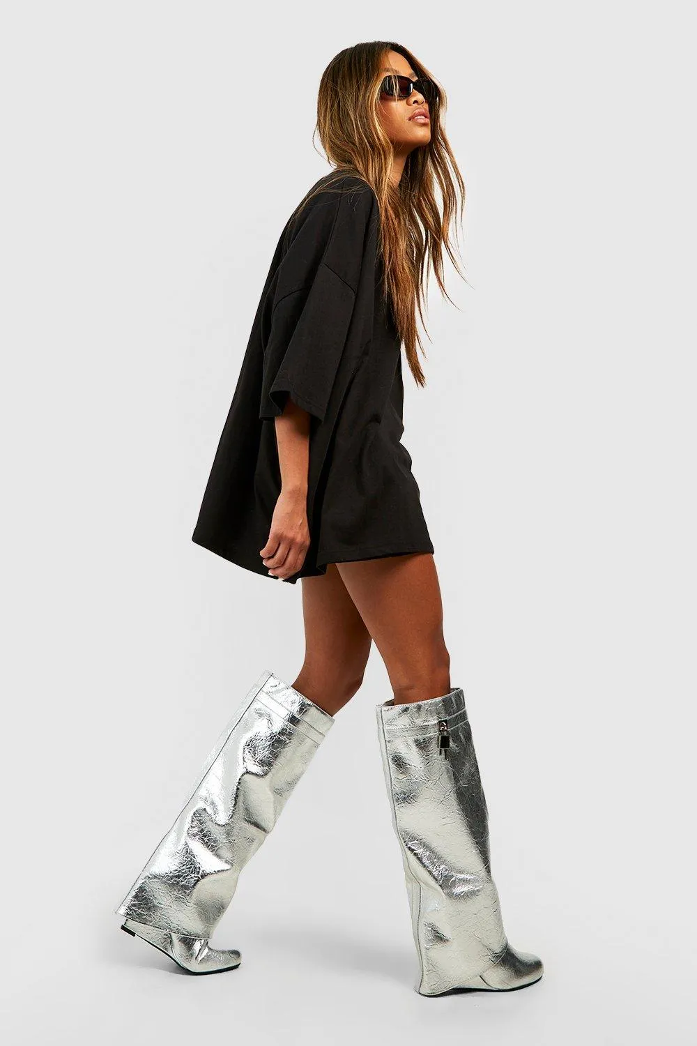 Metallic Padlock Detail Wedge Fold Over Knee Boots