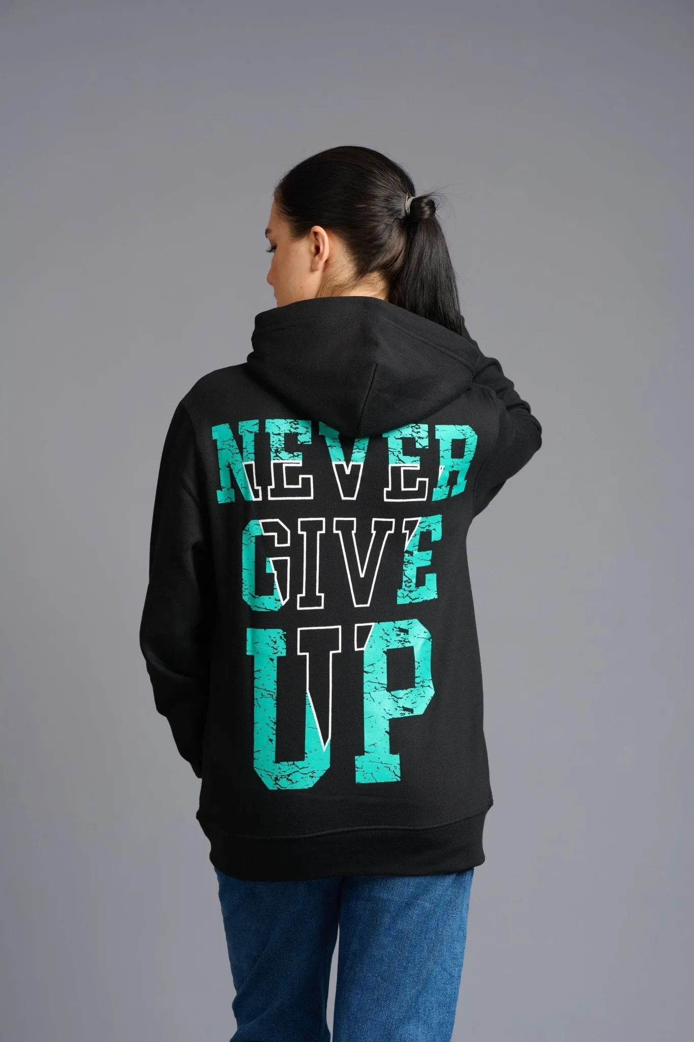 Never Give Up (in Green) Printed Black Hoodie for Women