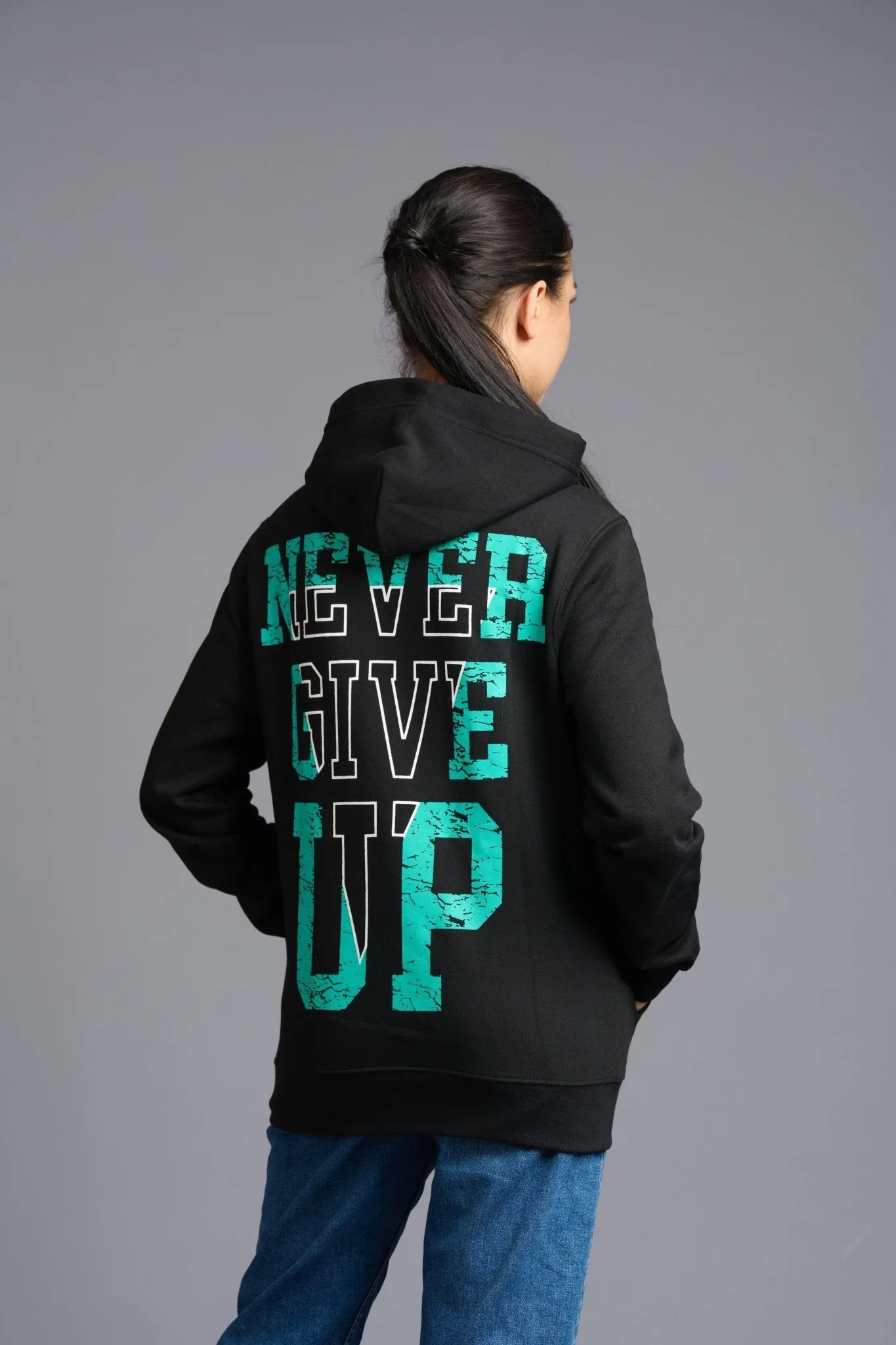 Never Give Up (in Green) Printed Black Hoodie for Women