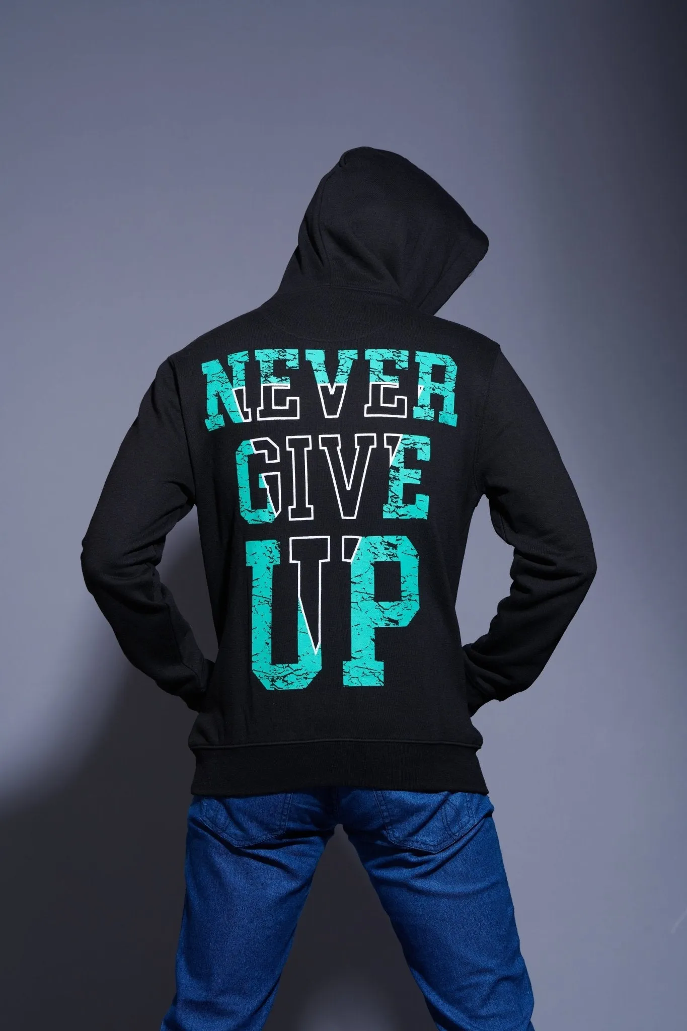 Never Give Up Printed Black Hoodie for Men