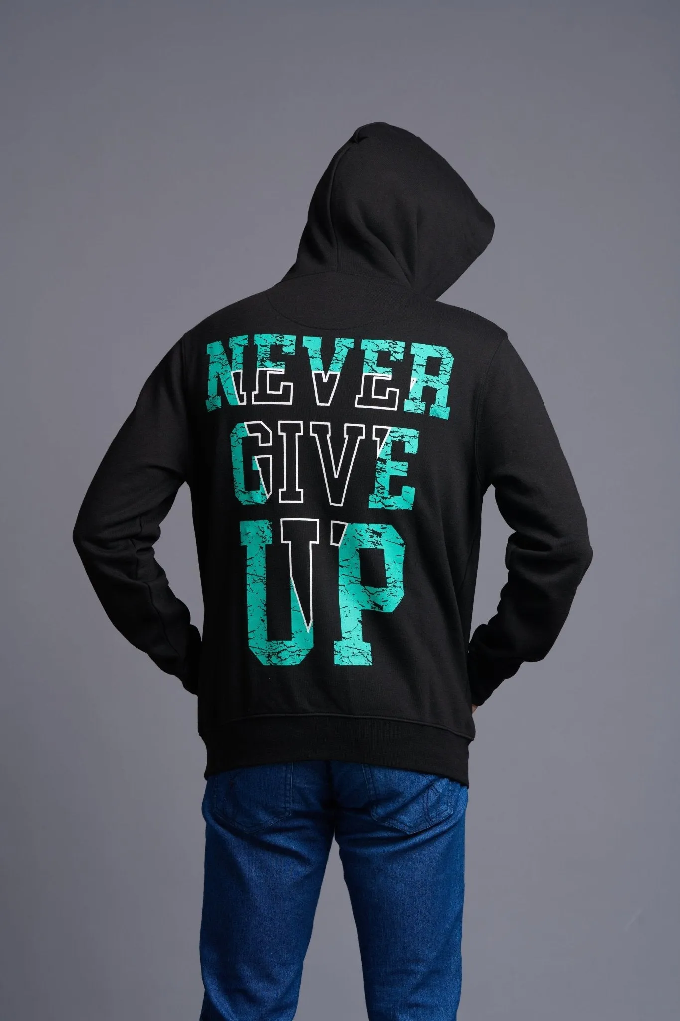 Never Give Up Printed Black Hoodie for Men