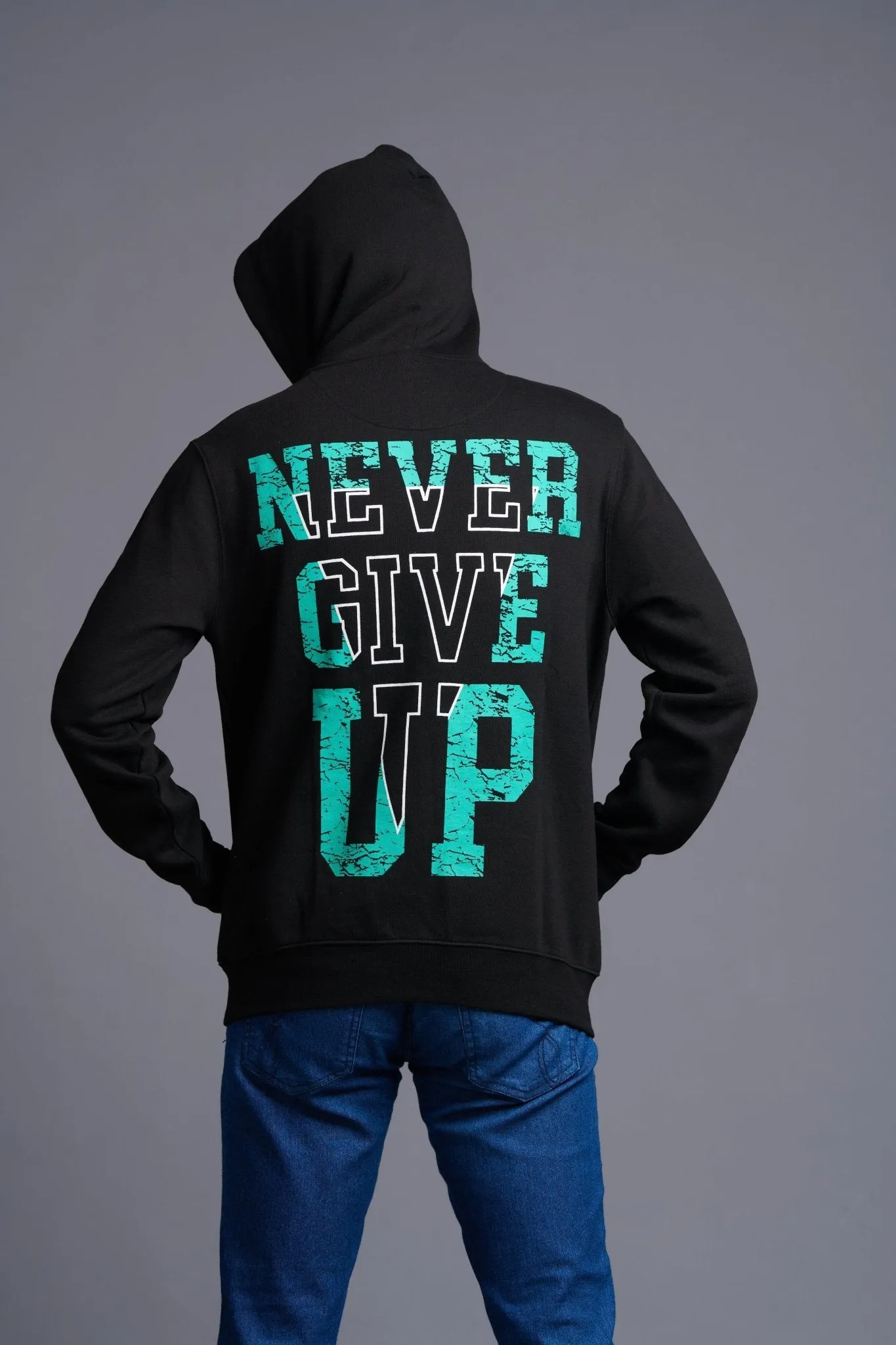 Never Give Up Printed Black Hoodie for Men