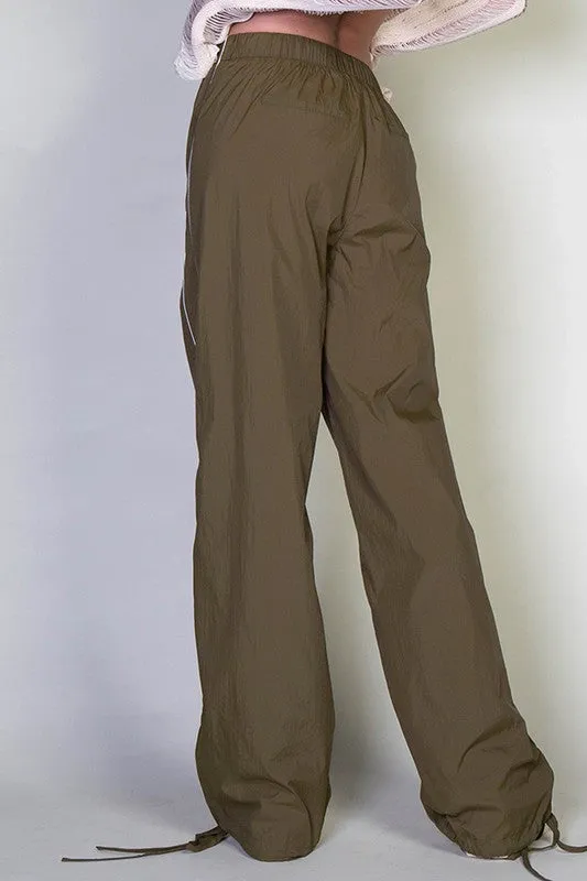 Olive Piping Detail Parachute Pants