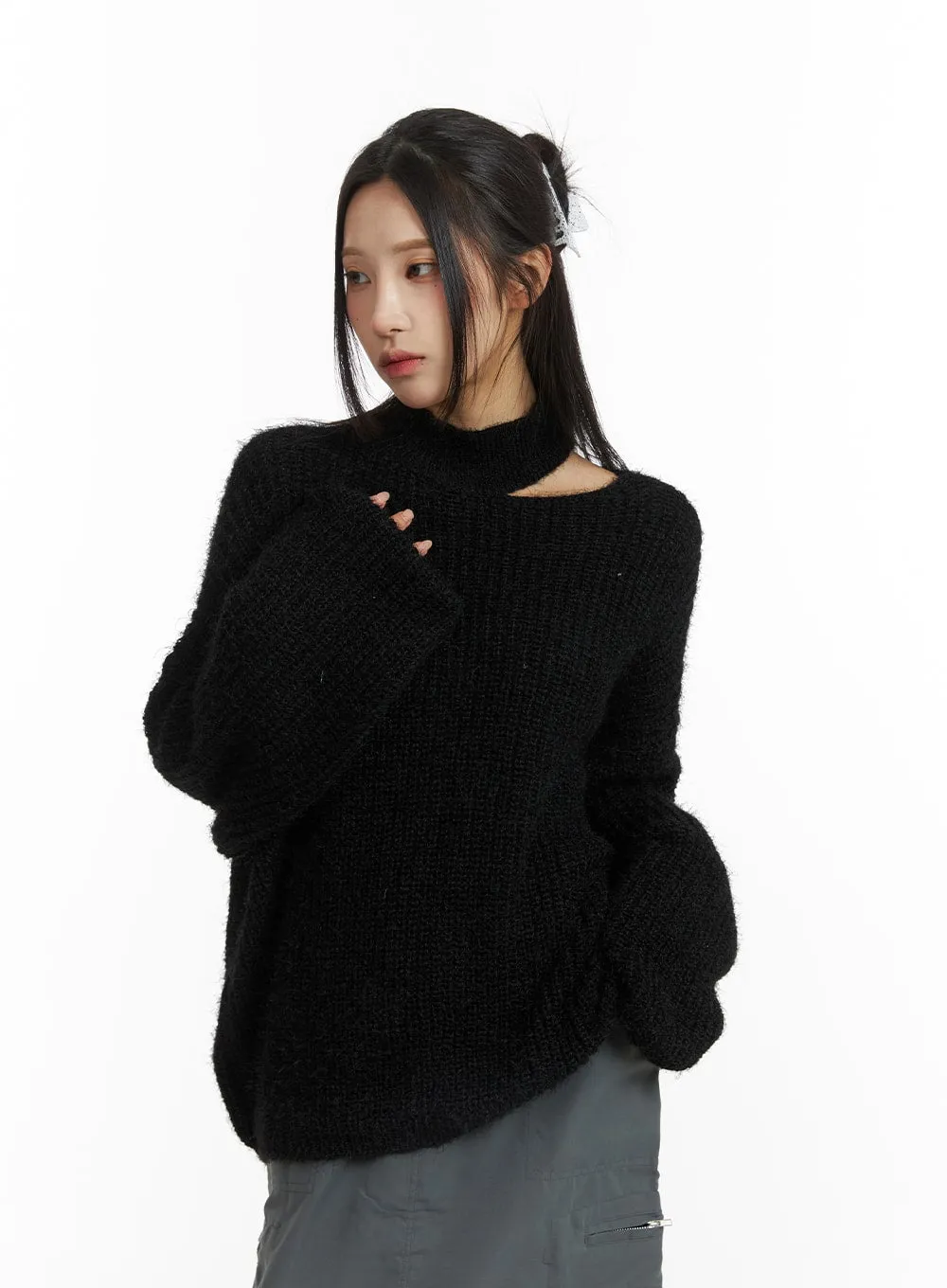 Oversized Asymmetrical Neck Knit Sweater CJ417