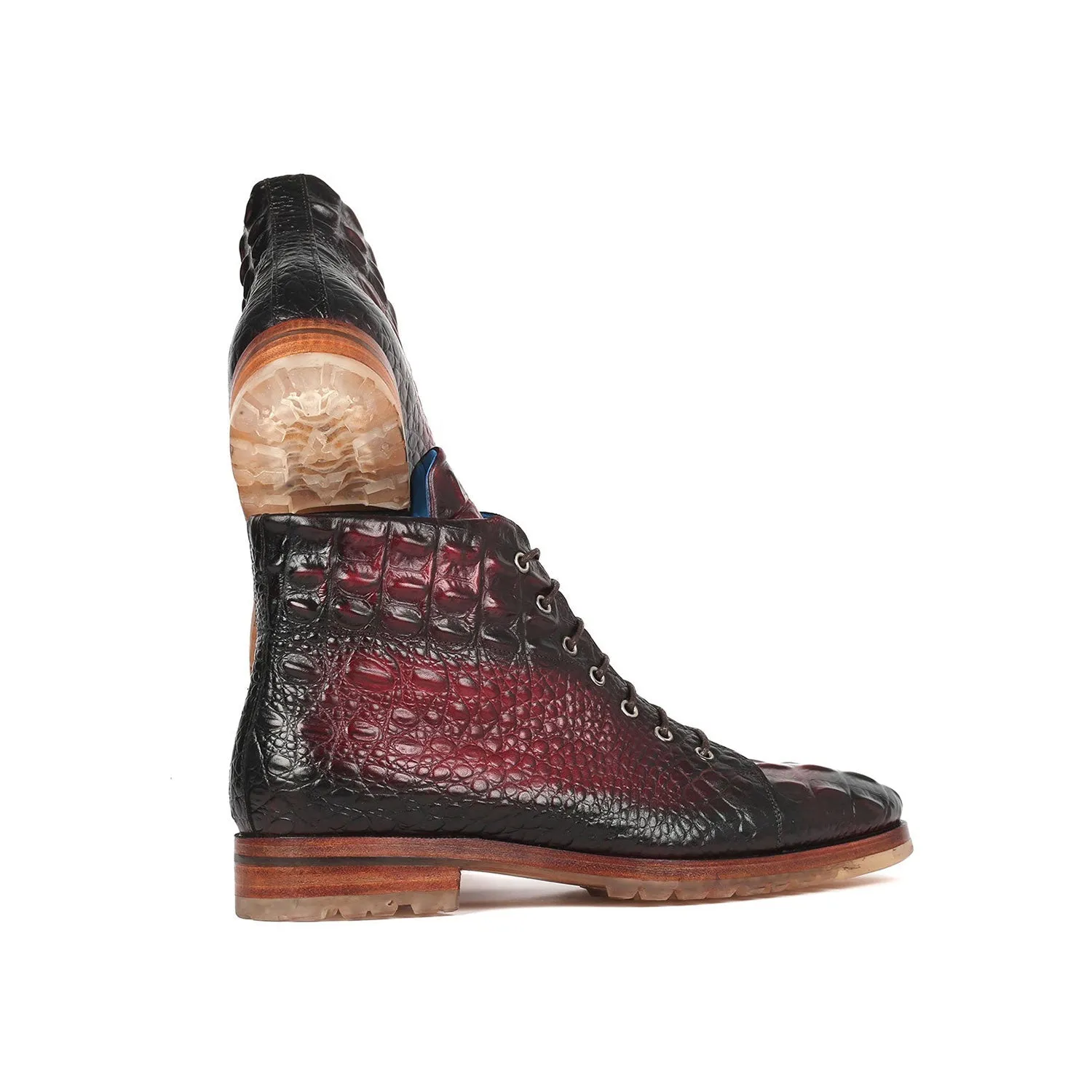 Paul Parkman 12811-BRD Men's Shoes Bordeaux Crocodile Print Leather Boots (PM6333)