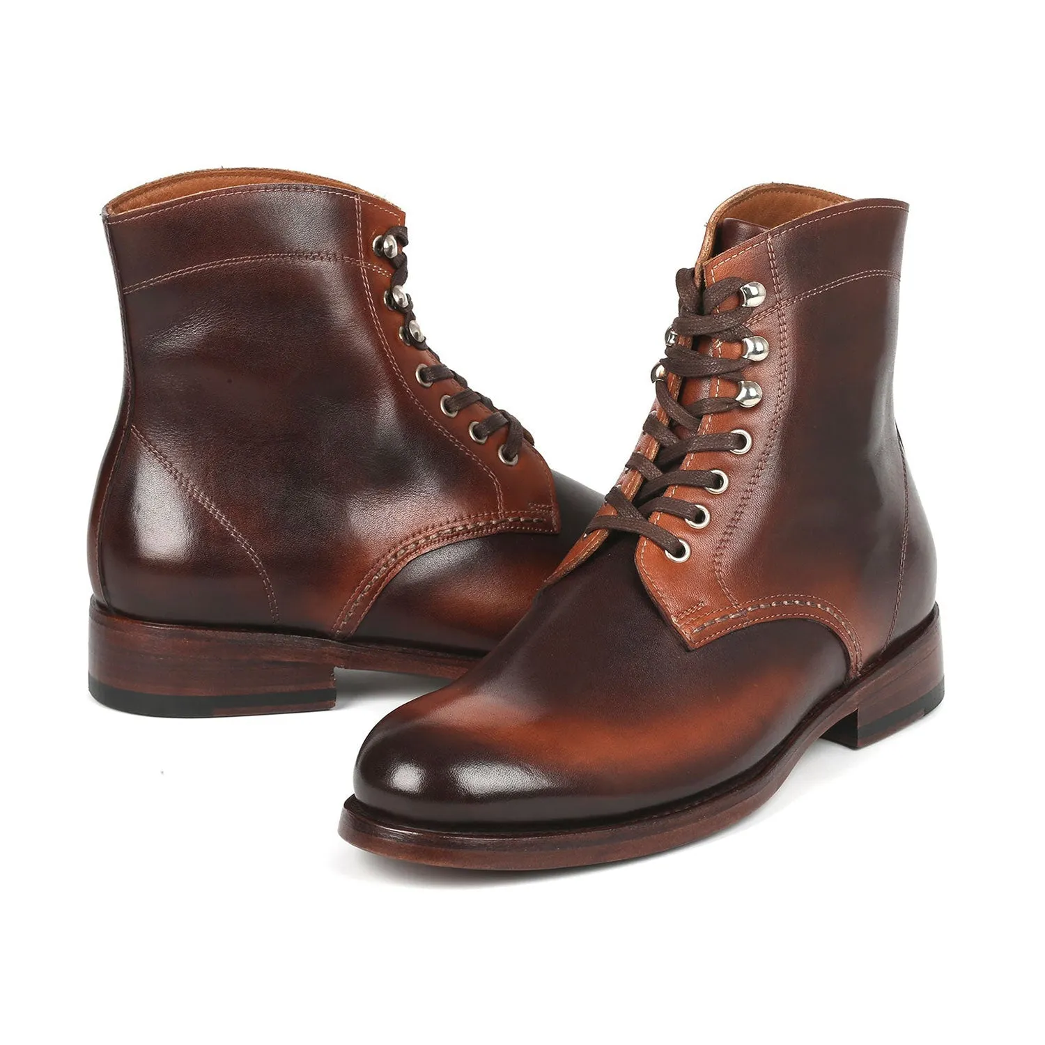 Paul Parkman 824BRW73 Men's Shoes Brown Burnished Calf-Skin Leather Derby Boots (PM6334)