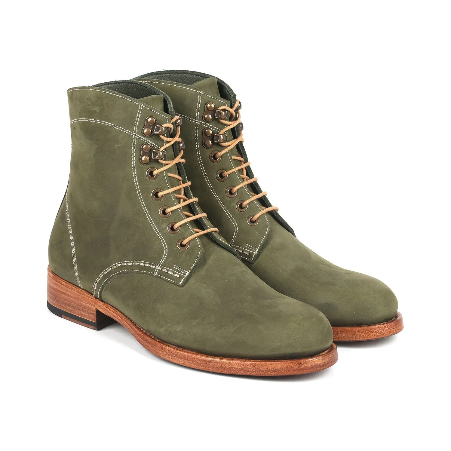 Paul Parkman 824NGR33 Men's Shoes Green Nubuck Leather Goodyear Welted Dress Derby Boots (PM6342)