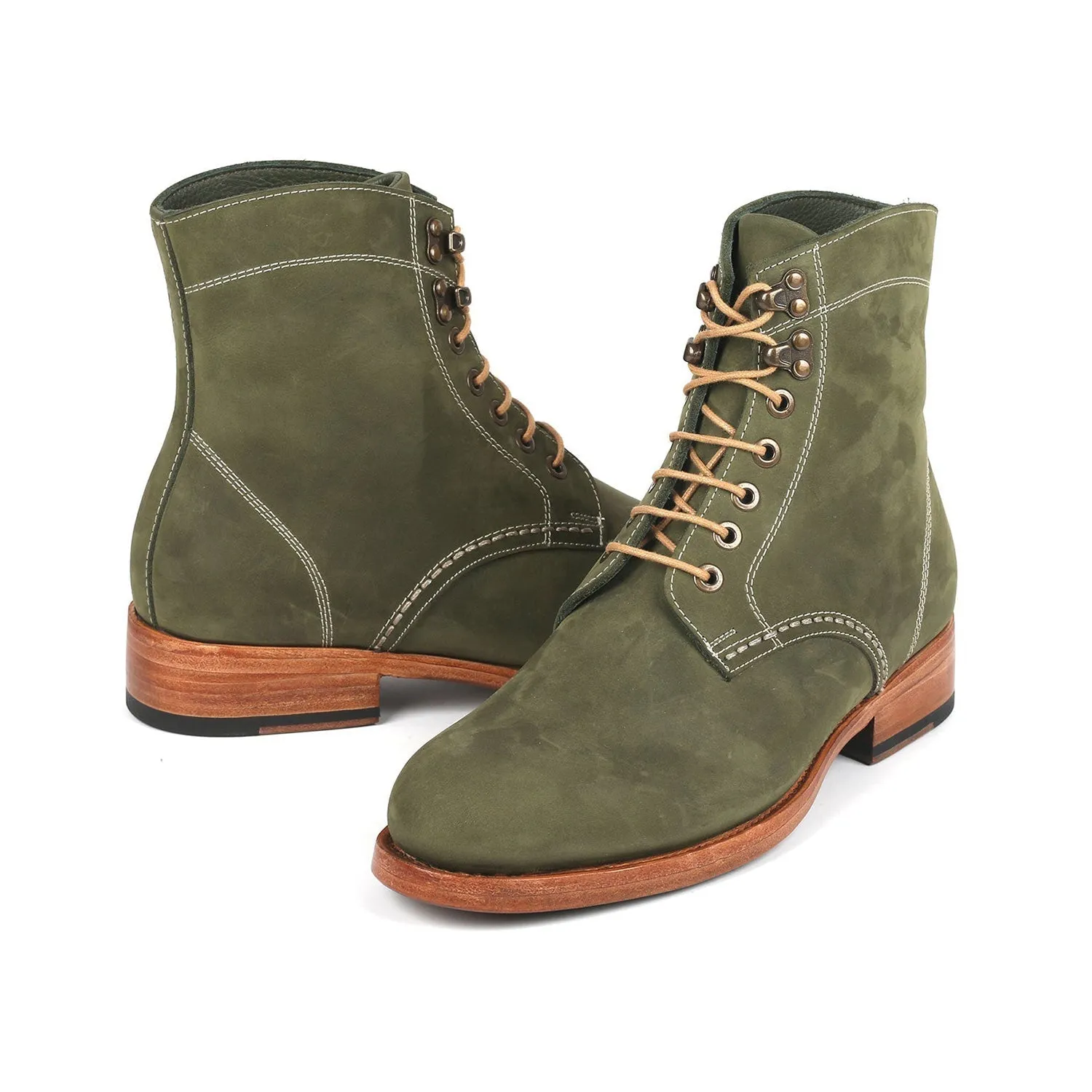 Paul Parkman 824NGR33 Men's Shoes Green Nubuck Leather Goodyear Welted Dress Derby Boots (PM6342)