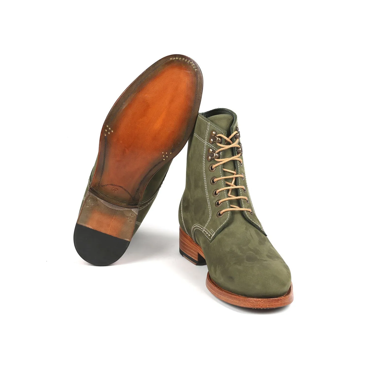 Paul Parkman 824NGR33 Men's Shoes Green Nubuck Leather Goodyear Welted Dress Derby Boots (PM6342)