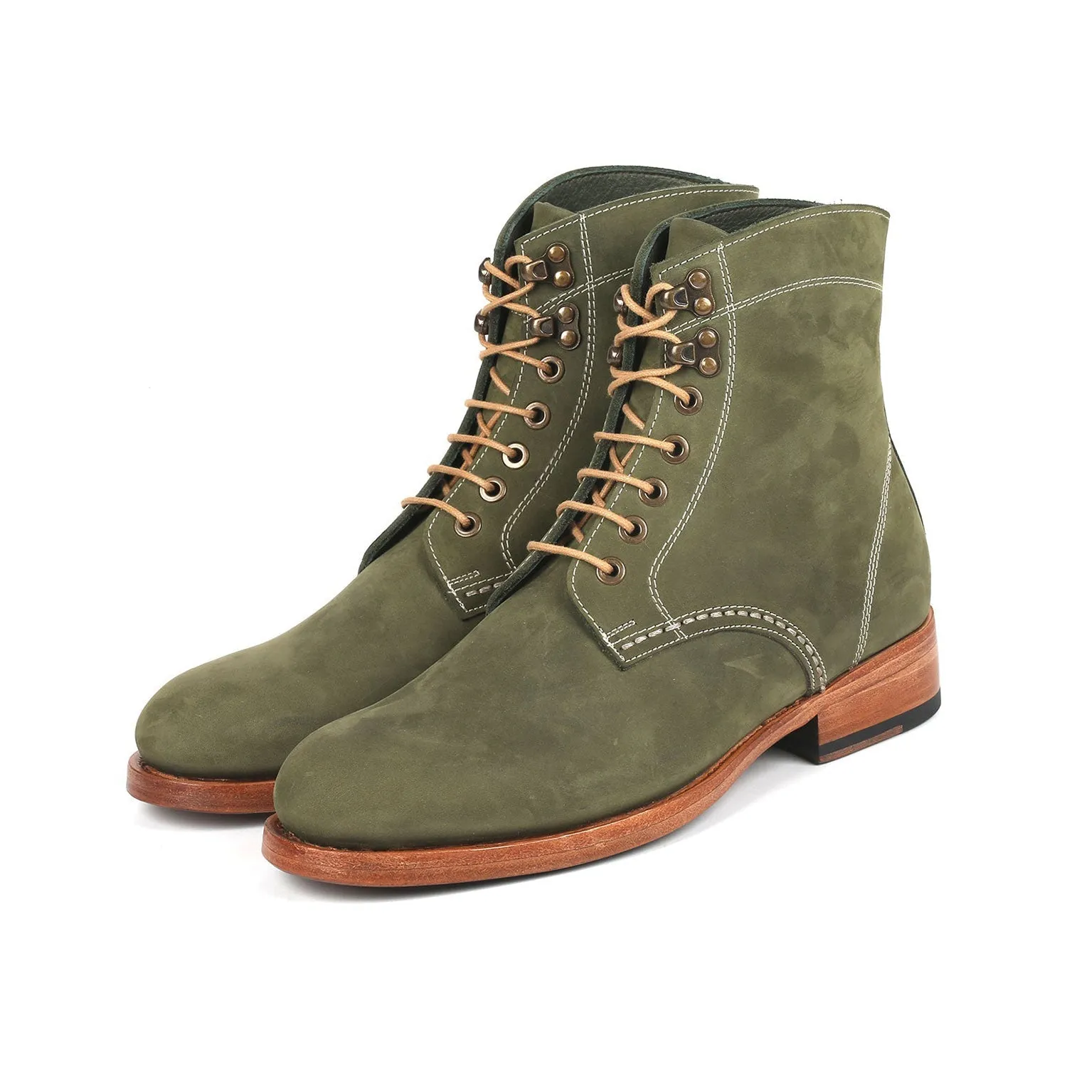 Paul Parkman 824NGR33 Men's Shoes Green Nubuck Leather Goodyear Welted Dress Derby Boots (PM6342)