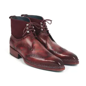 Paul Parkman 8509-BUR Men's Shoes Burgundy Suede / Calf-Skin Leather Norwegian Welted Wingtip Boots (PM6348)