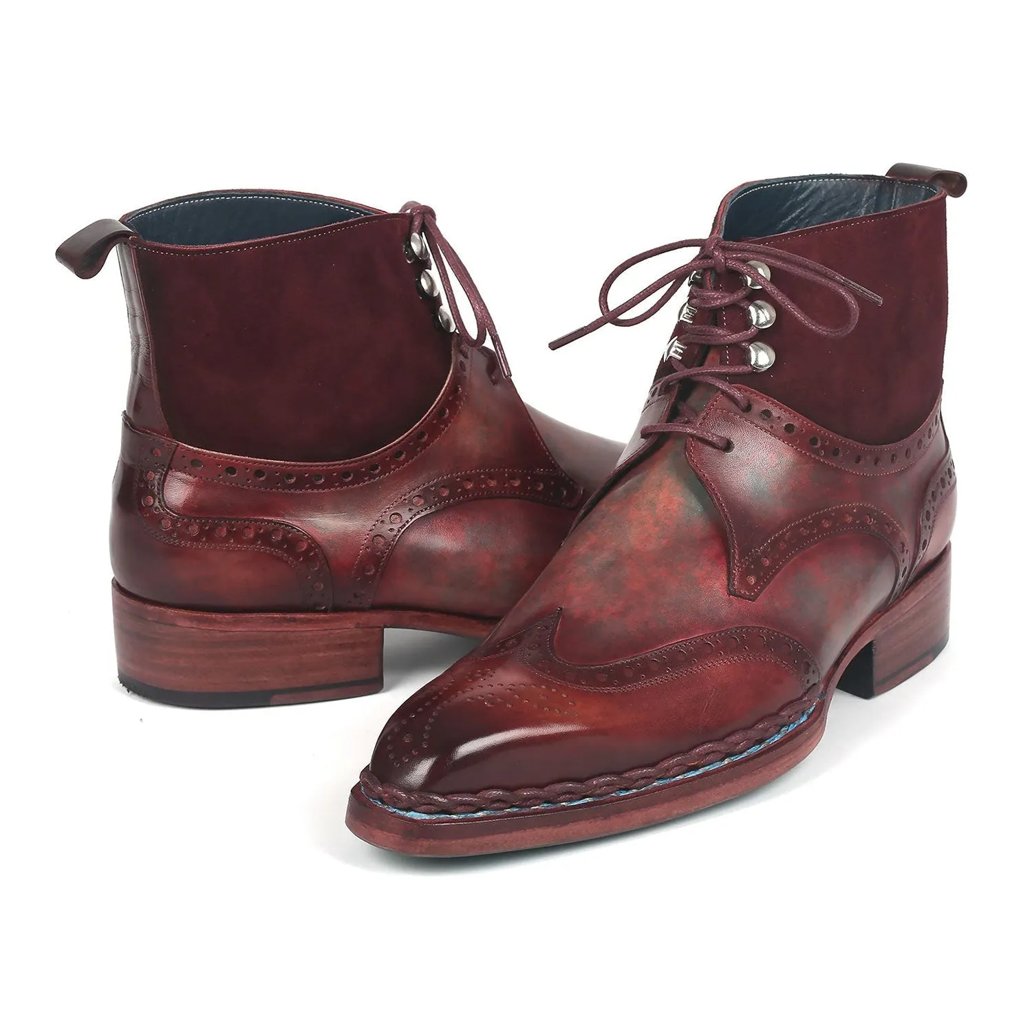 Paul Parkman 8509-BUR Men's Shoes Burgundy Suede / Calf-Skin Leather Norwegian Welted Wingtip Boots (PM6348)