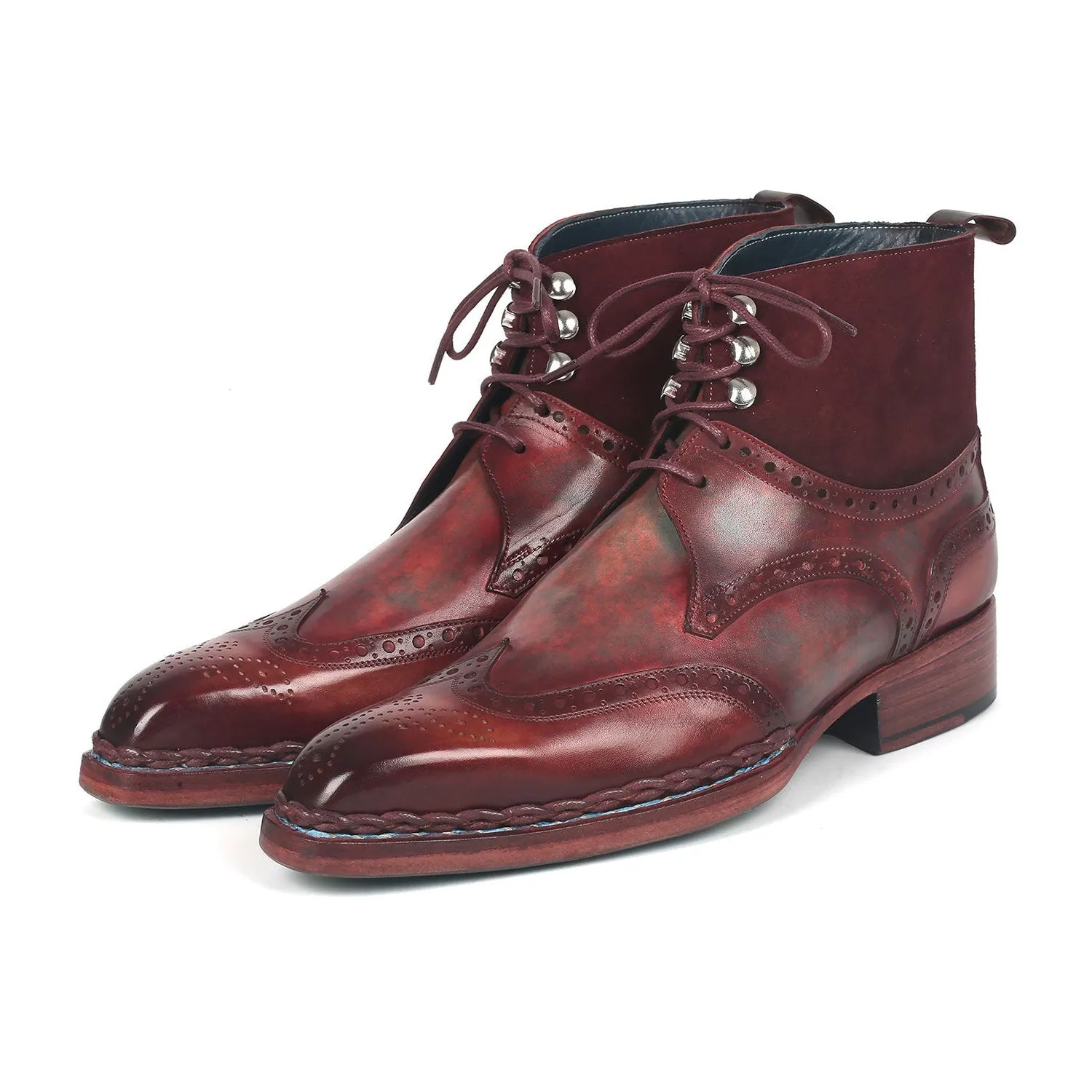 Paul Parkman 8509-BUR Men's Shoes Burgundy Suede / Calf-Skin Leather Norwegian Welted Wingtip Boots (PM6348)