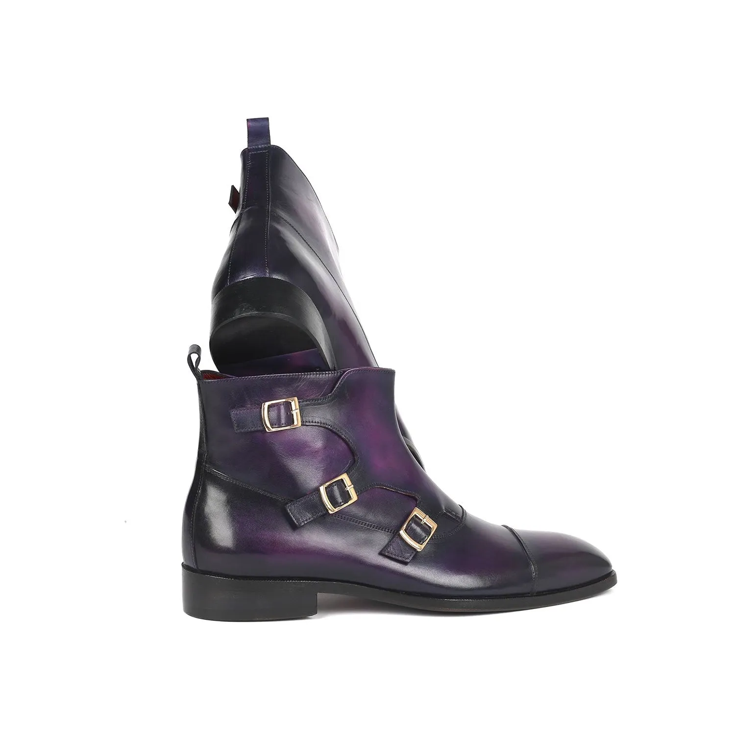 Paul Parkman 88951-PRP Men's Shoes Purple Calf-Skin Leather Triple Monk-Straps Boots (PM6329)