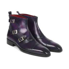 Paul Parkman 88951-PRP Men's Shoes Purple Calf-Skin Leather Triple Monk-Straps Boots (PM6329)