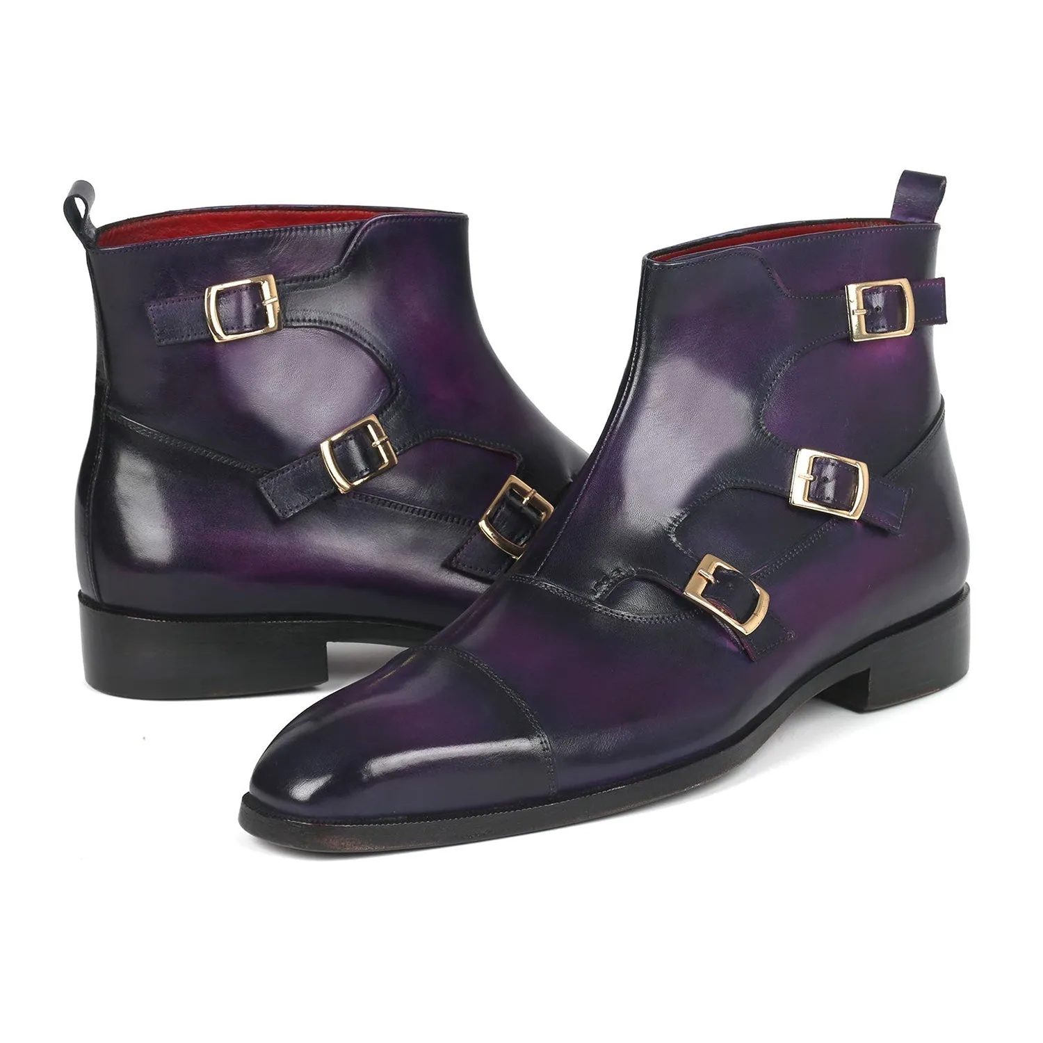 Paul Parkman 88951-PRP Men's Shoes Purple Calf-Skin Leather Triple Monk-Straps Boots (PM6329)