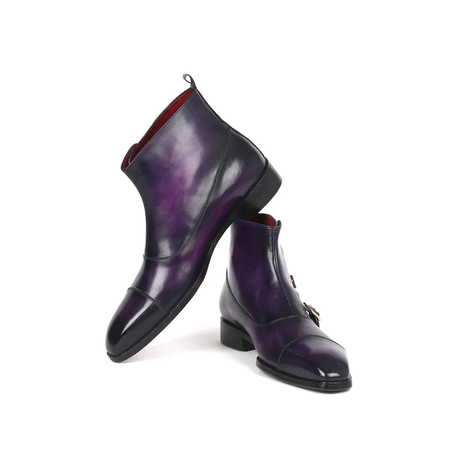 Paul Parkman 88951-PRP Men's Shoes Purple Calf-Skin Leather Triple Monk-Straps Boots (PM6329)