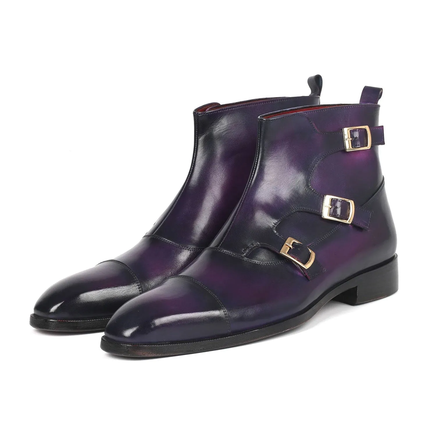 Paul Parkman 88951-PRP Men's Shoes Purple Calf-Skin Leather Triple Monk-Straps Boots (PM6329)