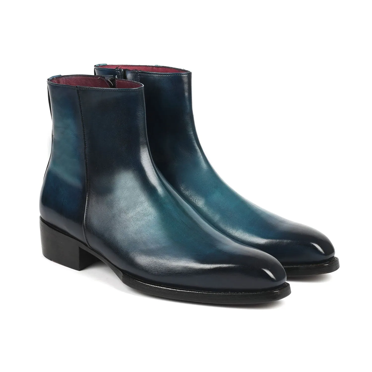 Paul Parkman BT3955-BLU Men's Shoes Blue Burnished Calf-Skin Leather Goodyear Welted Dress Zipper Boots (PM6343)