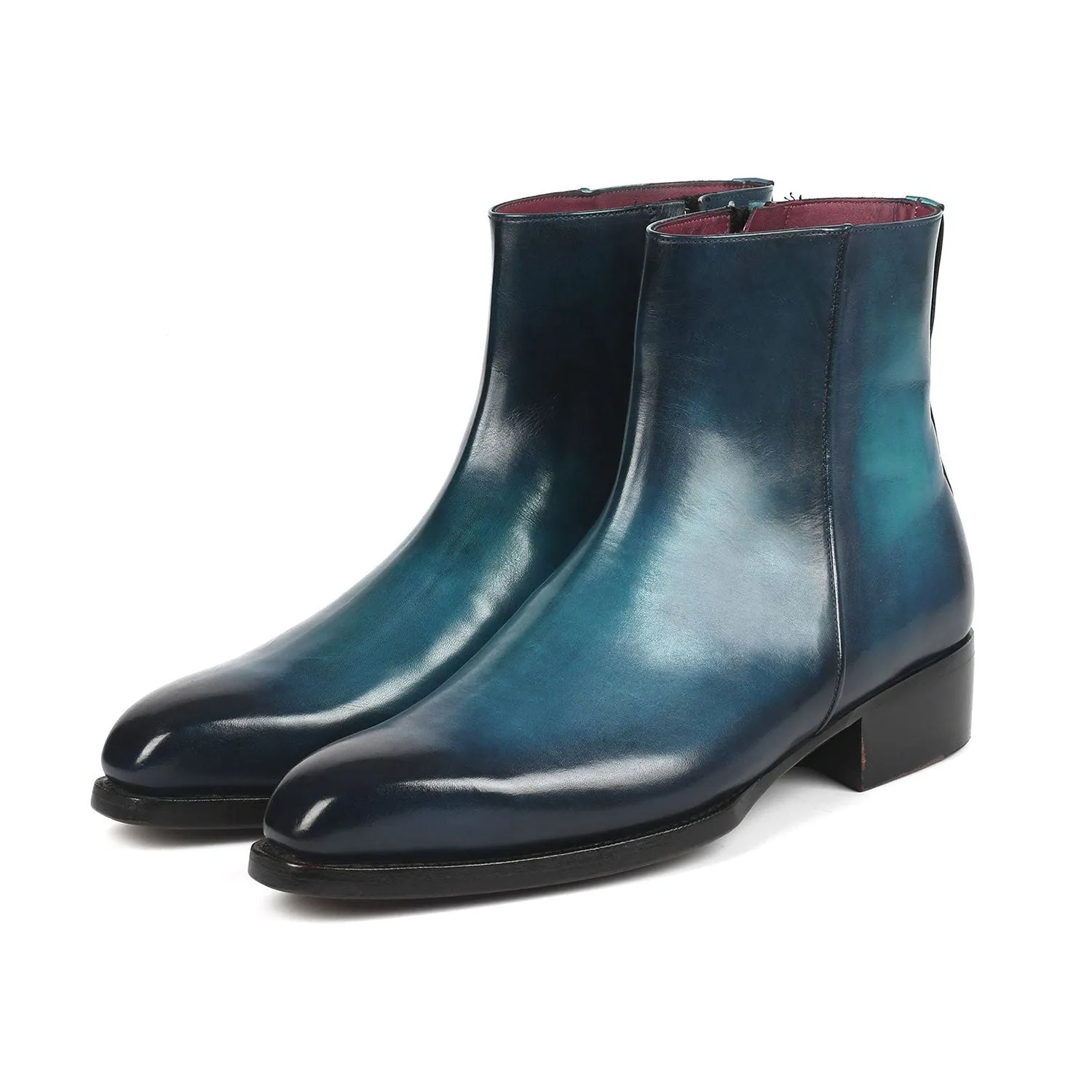 Paul Parkman BT3955-BLU Men's Shoes Blue Burnished Calf-Skin Leather Goodyear Welted Dress Zipper Boots (PM6343)