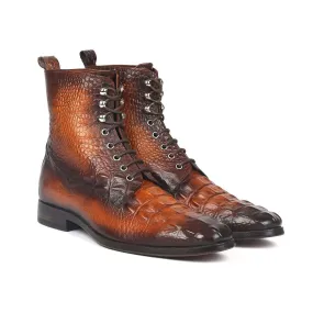 Paul Parkman BT744-BRW Men's Shoes Brown Crocodile Print / Calf-Skin Leather Lace-Up Boots (PM6277)