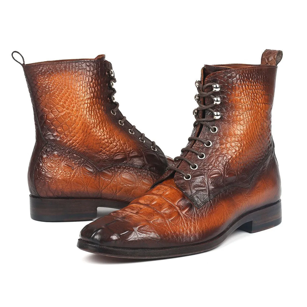 Paul Parkman BT744-BRW Men's Shoes Brown Crocodile Print / Calf-Skin Leather Lace-Up Boots (PM6277)