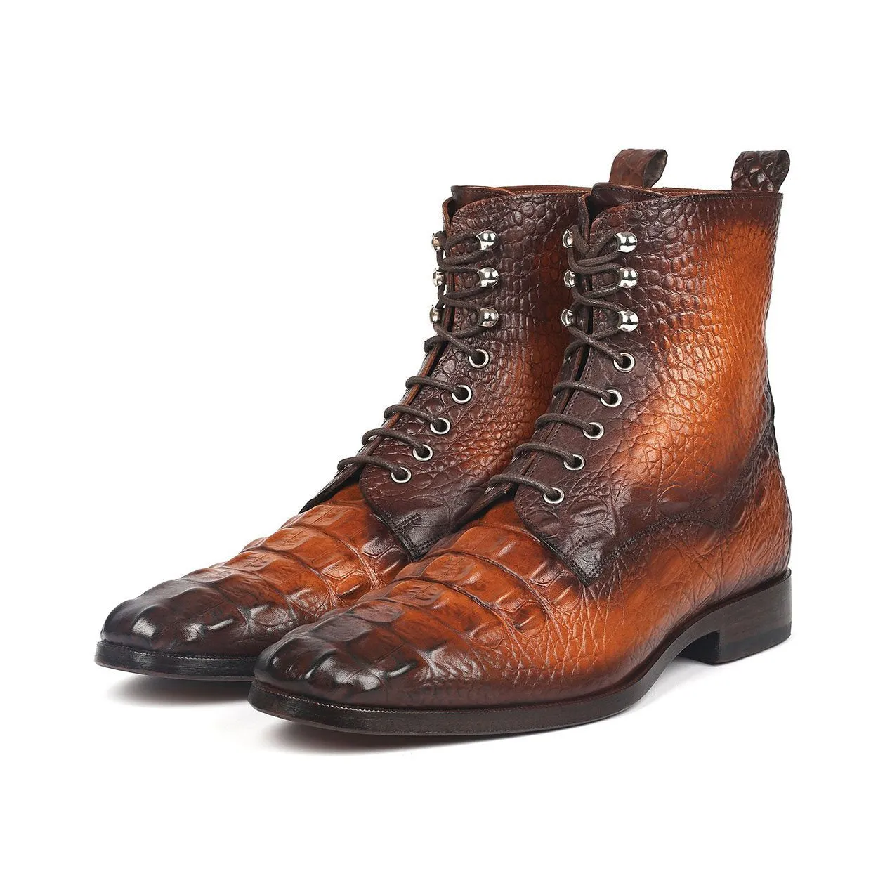 Paul Parkman BT744-BRW Men's Shoes Brown Crocodile Print / Calf-Skin Leather Lace-Up Boots (PM6277)