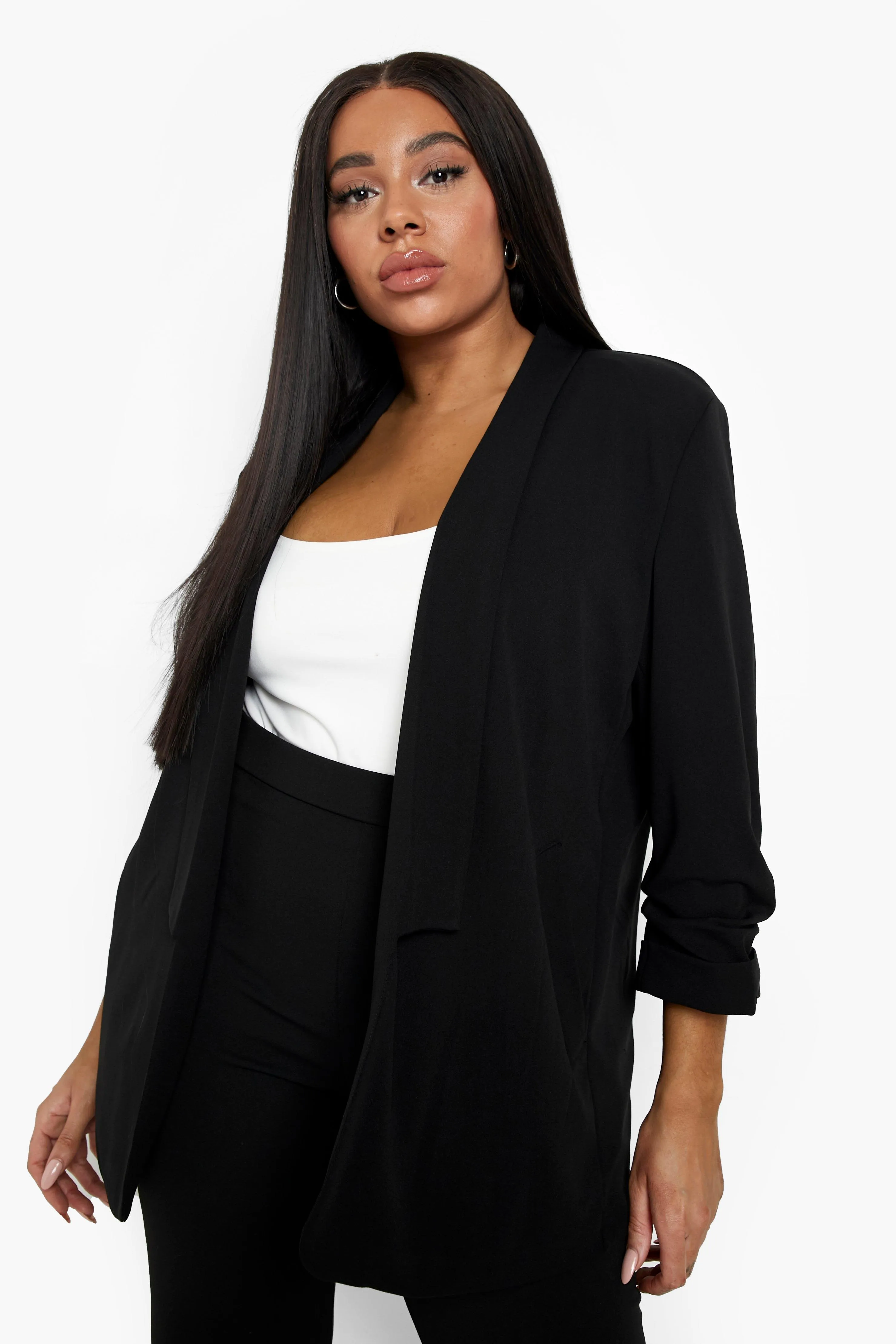 Plus Collarless Ruched Sleeve Blazer